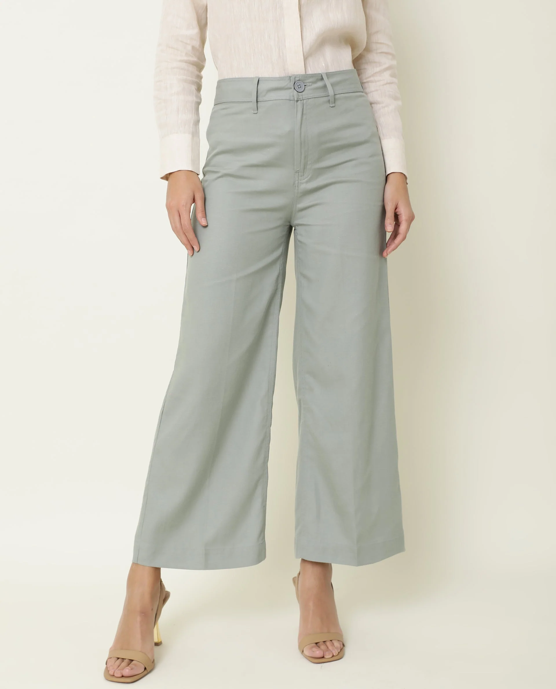 Rareism Women's Micky Green Cotton Blend Plain Ankle Length Tailored Trouser - Image 3