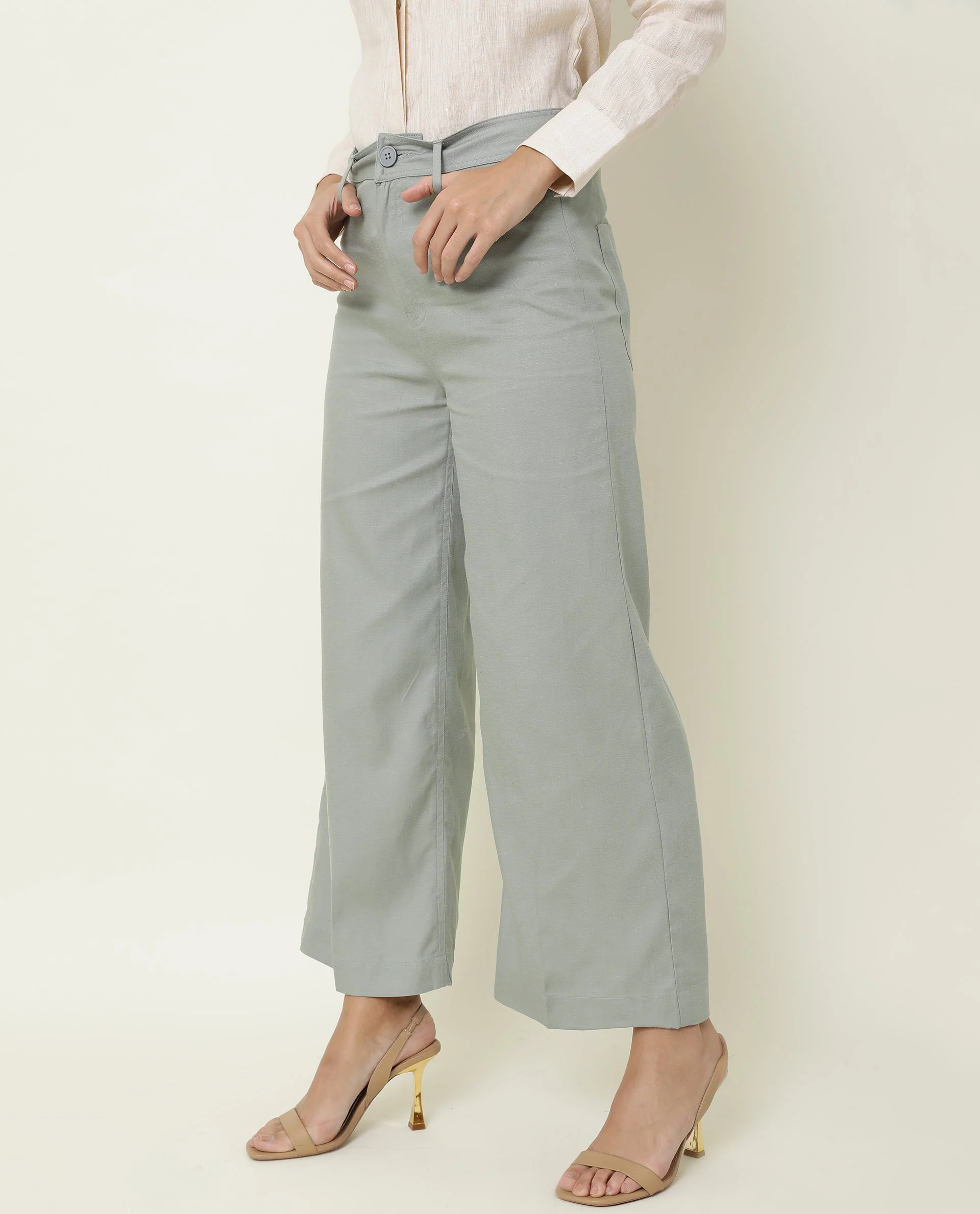 Rareism Women's Micky Green Cotton Blend Plain Ankle Length Tailored Trouser - Image 4