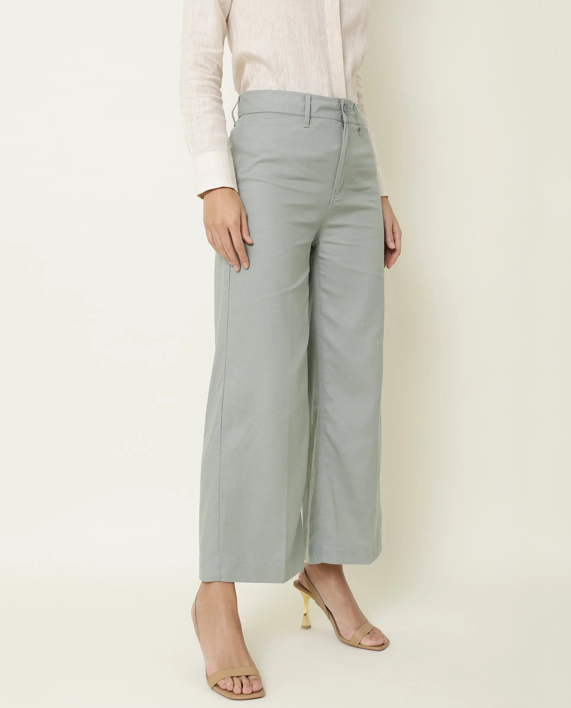 Rareism Women's Micky Green Cotton Blend Plain Ankle Length Tailored Trouser - Image 5