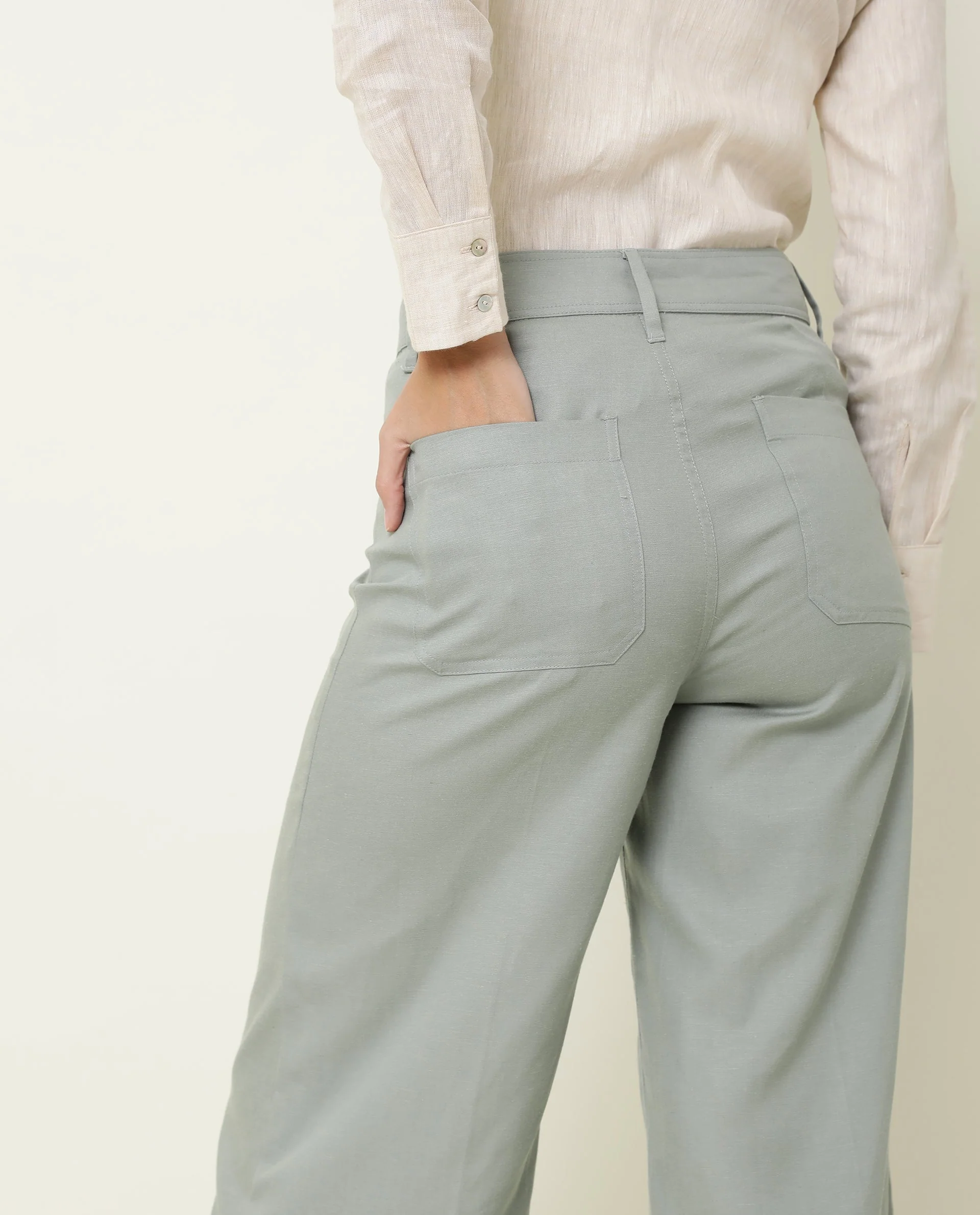 Rareism Women's Micky Green Cotton Blend Plain Ankle Length Tailored Trouser - Image 7