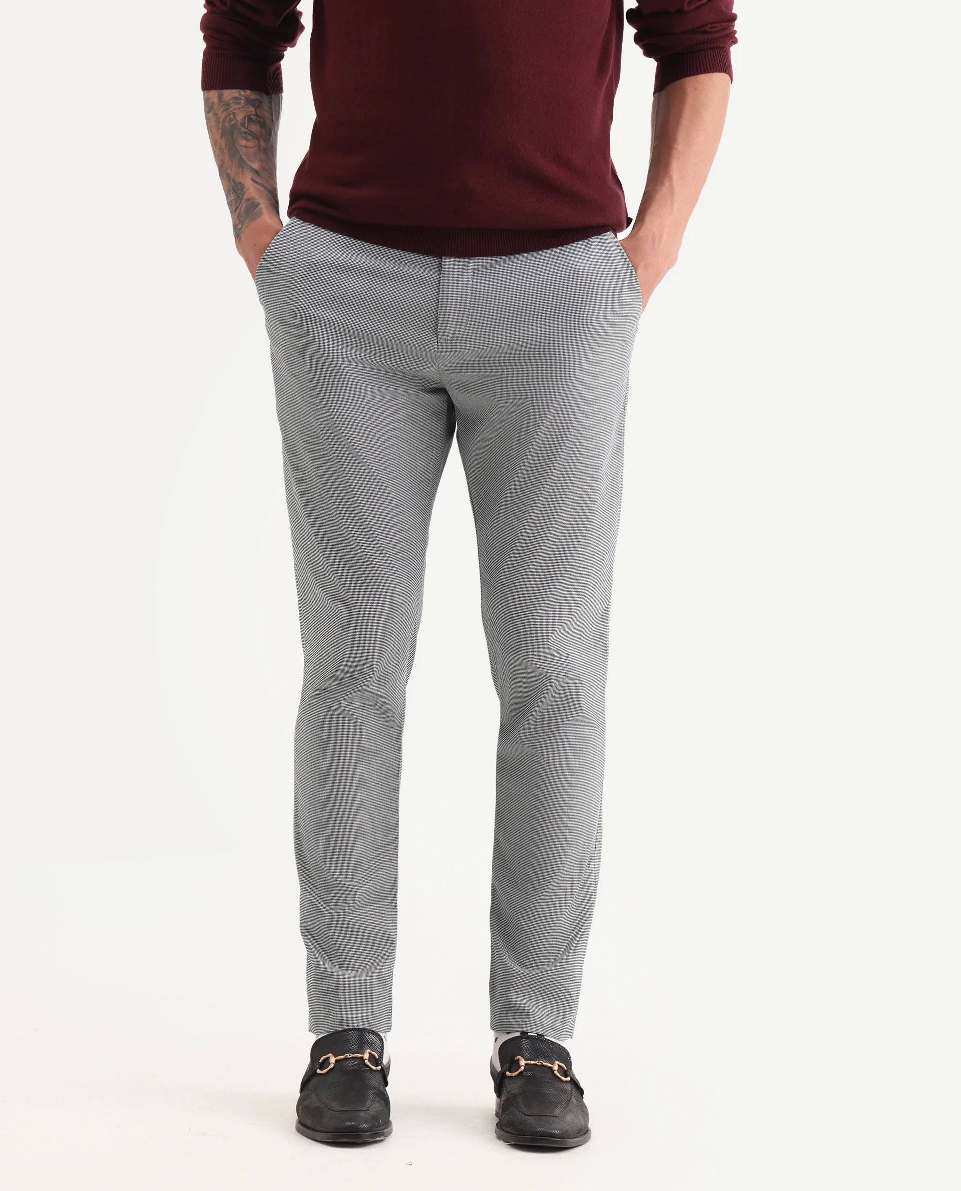 Rare Rabbit Men's Micra-1 Grey Cotton Blend Checked Print Regular Fit Trouser - Image 2