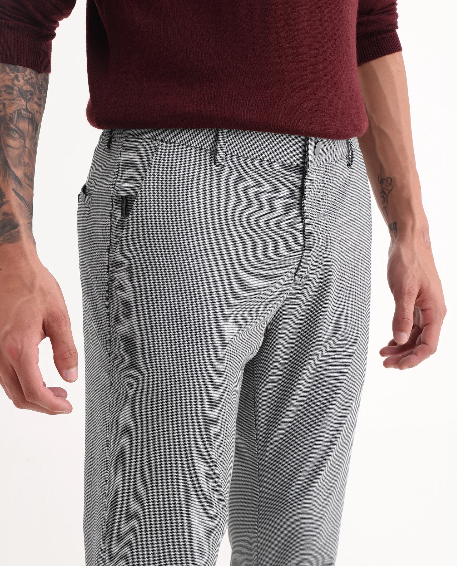 Rare Rabbit Men's Micra-1 Grey Cotton Blend Checked Print Regular Fit Trouser - Image 3