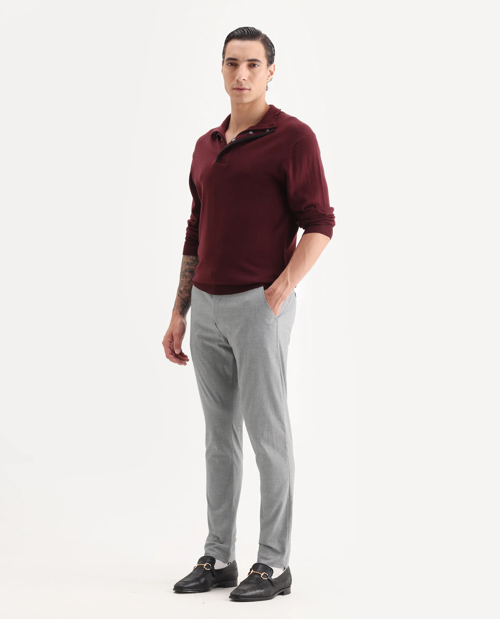 Rare Rabbit Men's Micra-1 Grey Cotton Blend Checked Print Regular Fit Trouser - Image 4