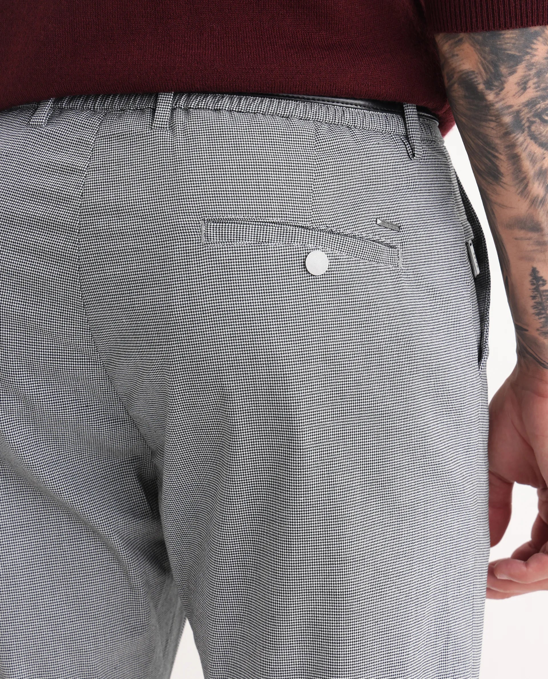 Rare Rabbit Men's Micra-1 Grey Cotton Blend Checked Print Regular Fit Trouser - Image 6