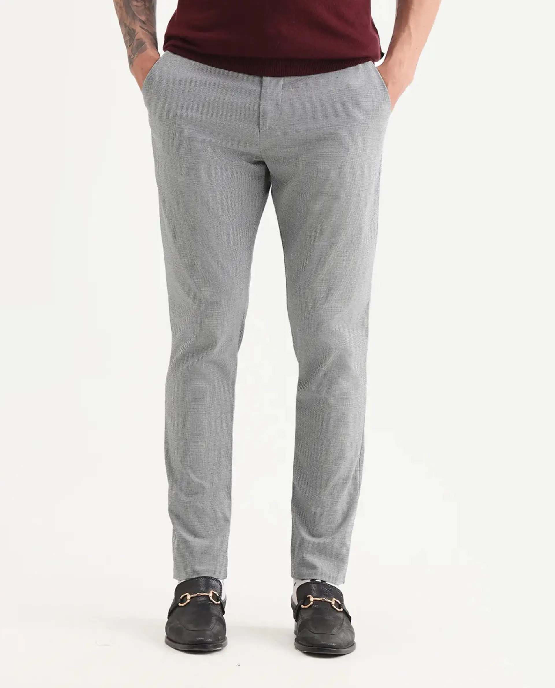 Rare Rabbit Men's Micra-1 Grey Cotton Blend Checked Print Regular Fit Trouser - Image 8