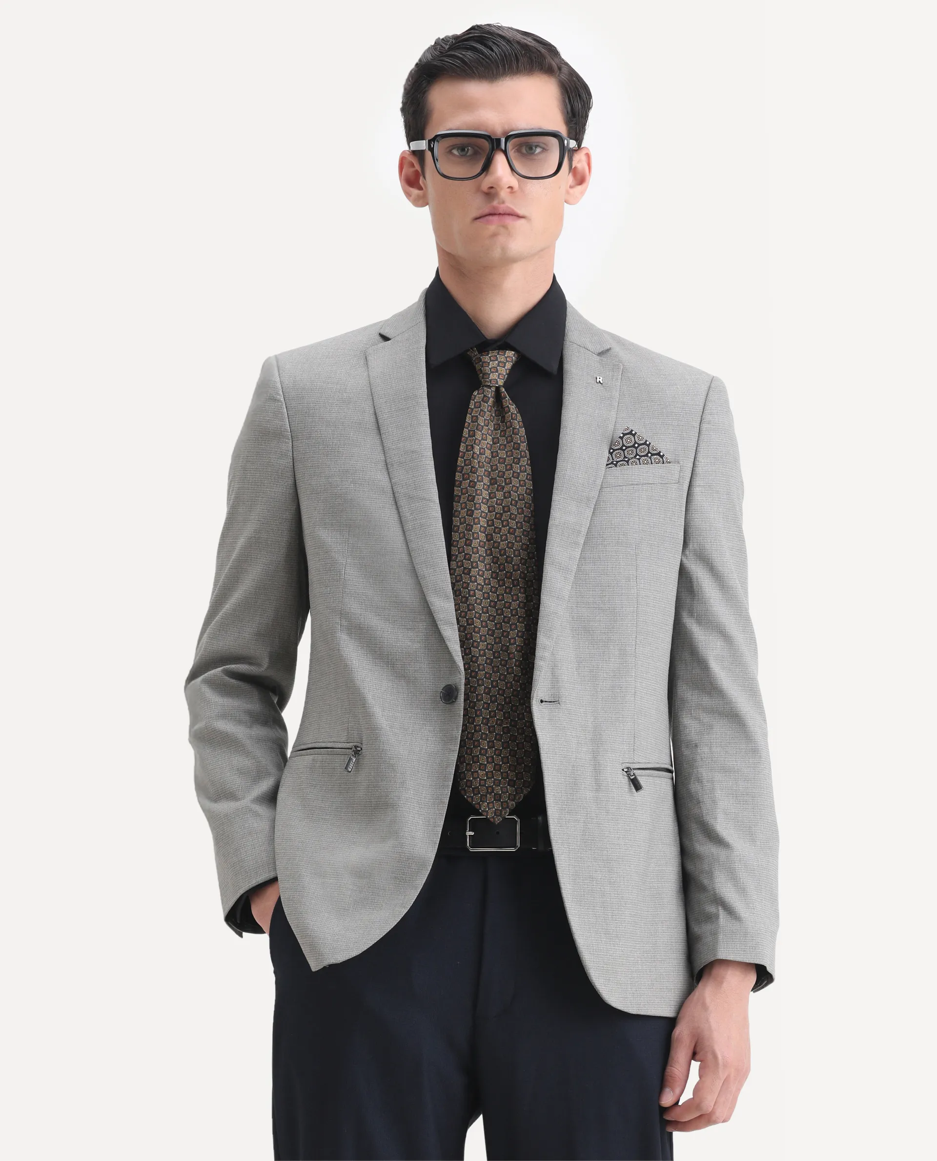 Rare Rabbit Men's Micro Grey Polyester Checked Print Tailored Fit Full Sleeve Lapel Neck Blazer - Image 3
