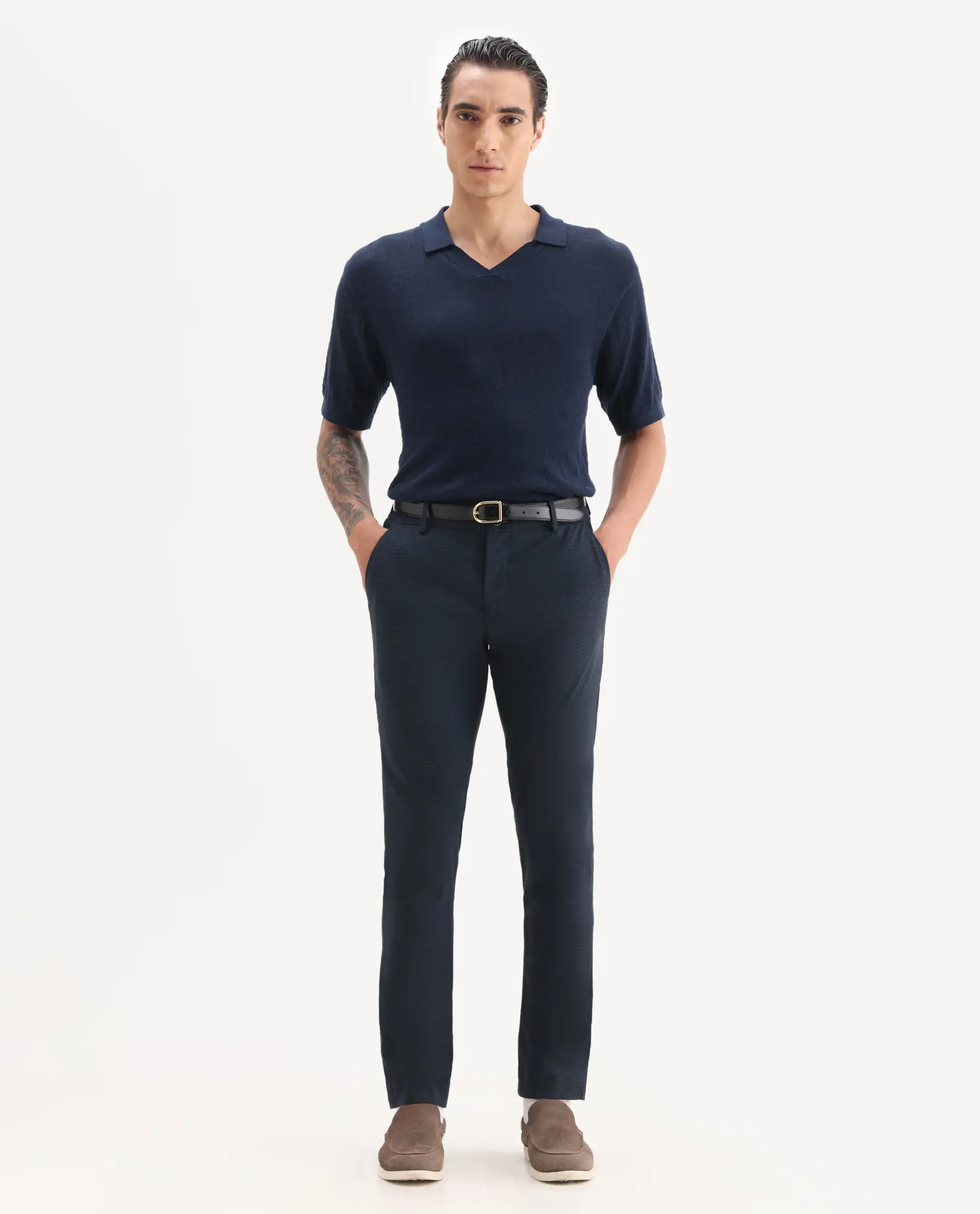 Rare Rabbit Men's Microl Navy Polyester Checked Print Regular Fit Trouser