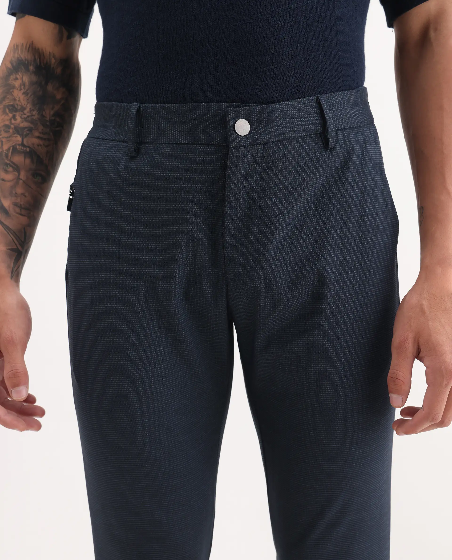 Rare Rabbit Men's Microl Navy Polyester Checked Print Regular Fit Trouser - Image 3