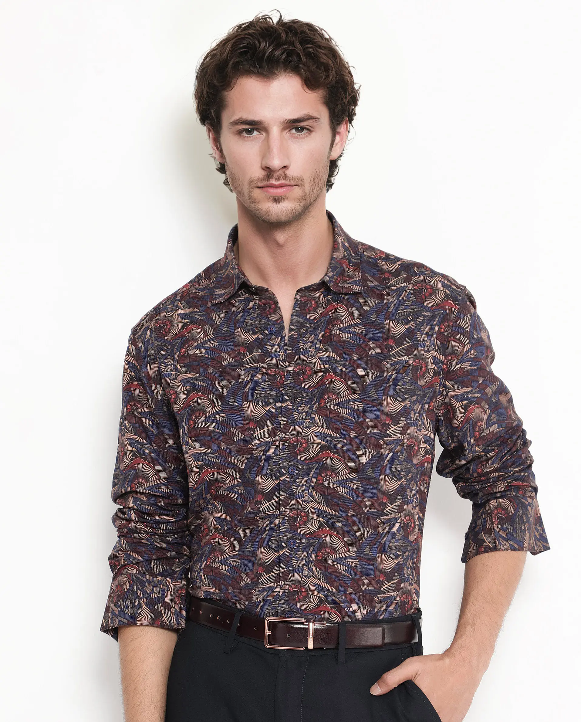 Rare Rabbit Men's Mids Navy Viscose Abstract Print Regular Fit Full Sleeve Collared Shirt - Image 3