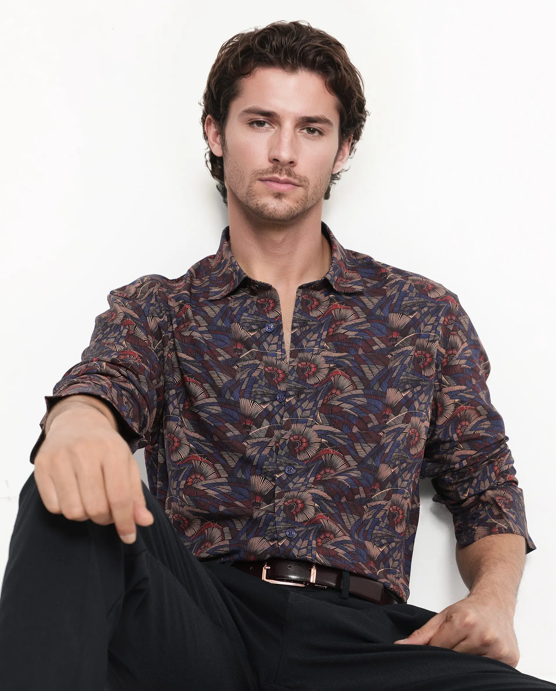 Rare Rabbit Men's Mids Navy Viscose Abstract Print Regular Fit Full Sleeve Collared Shirt - Image 7