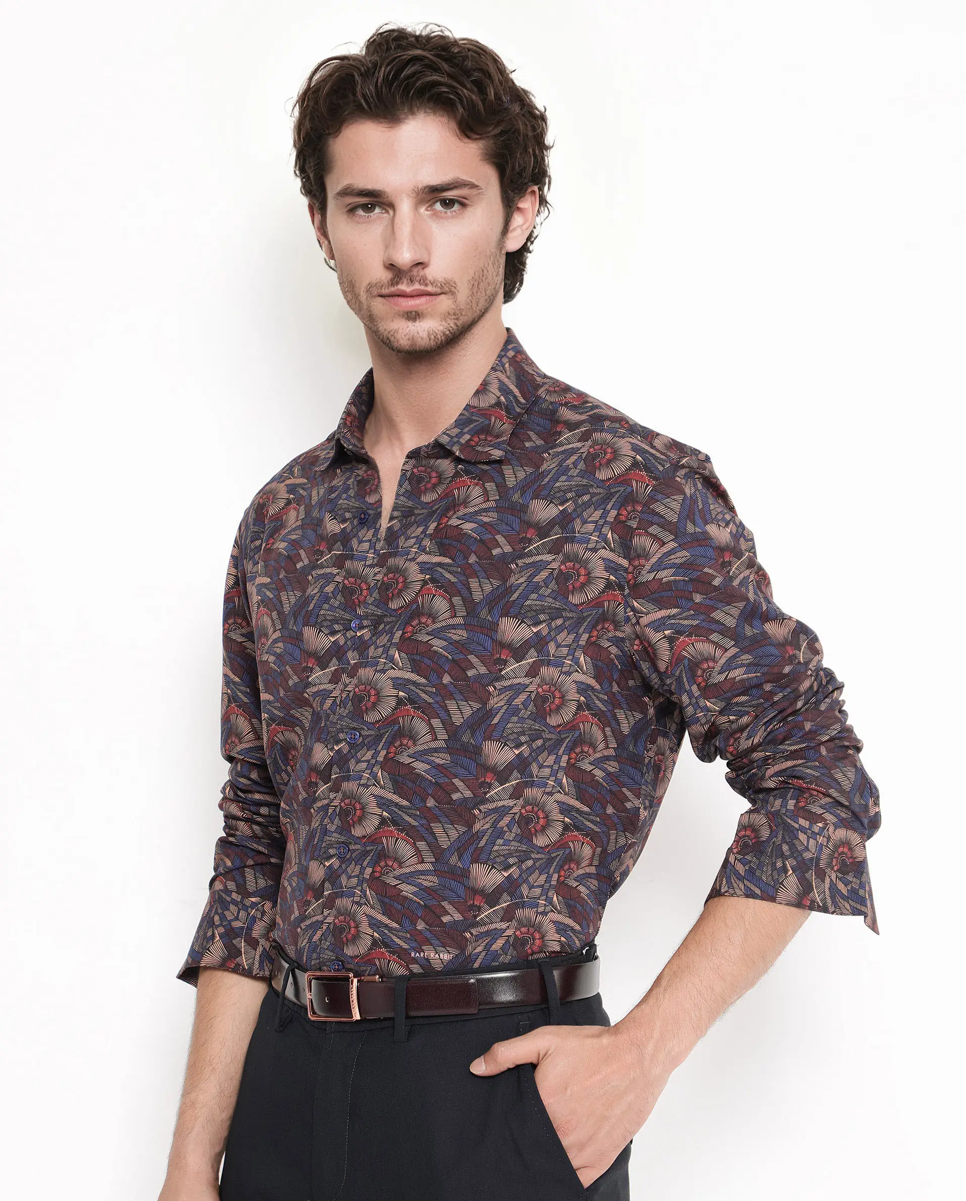 Rare Rabbit Men's Mids Navy Viscose Abstract Print Regular Fit Full Sleeve Collared Shirt - Image 8