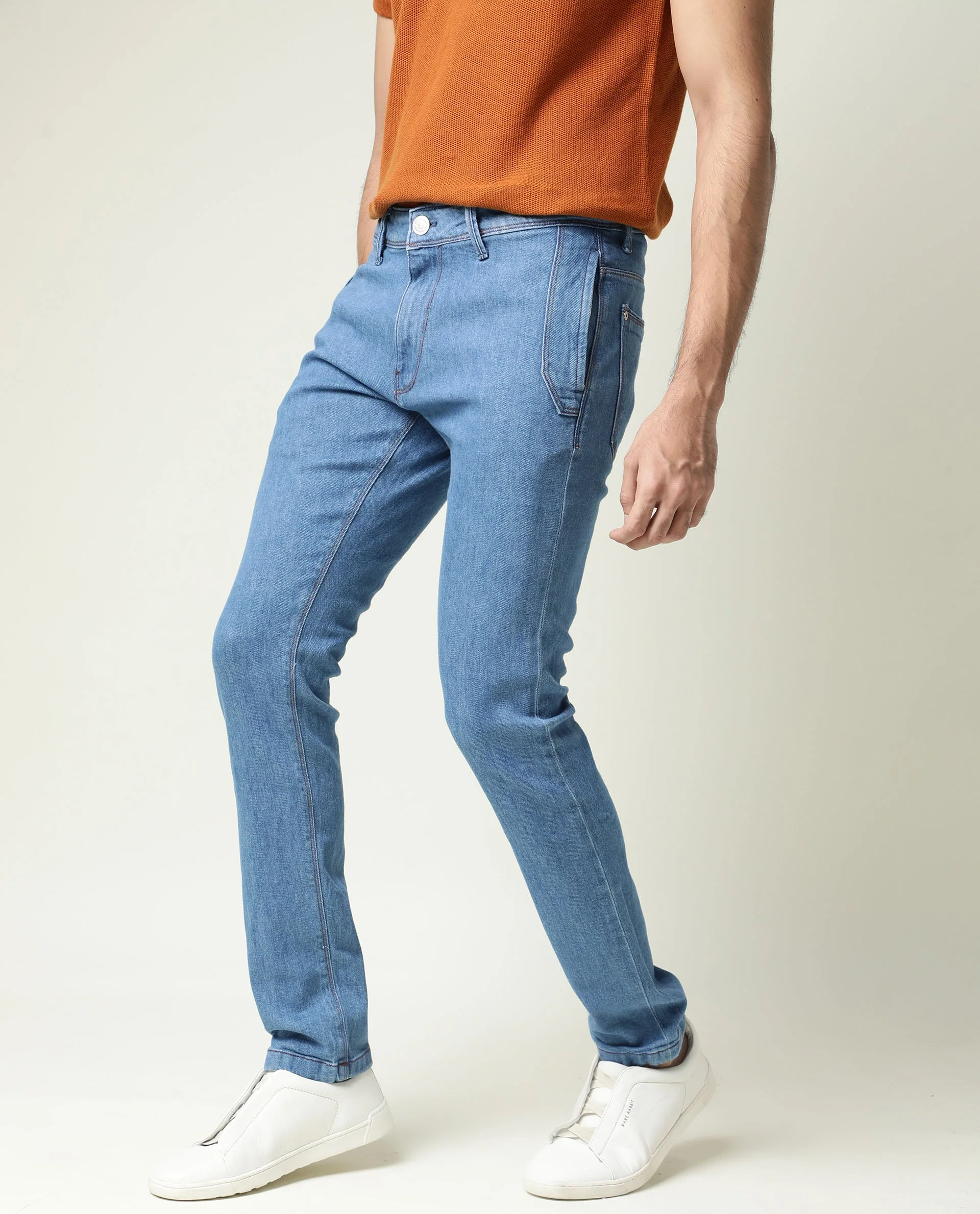 Rare Rabbit Men's Midtas Blue Cotton Plain Hawk Slim Fit Jeans