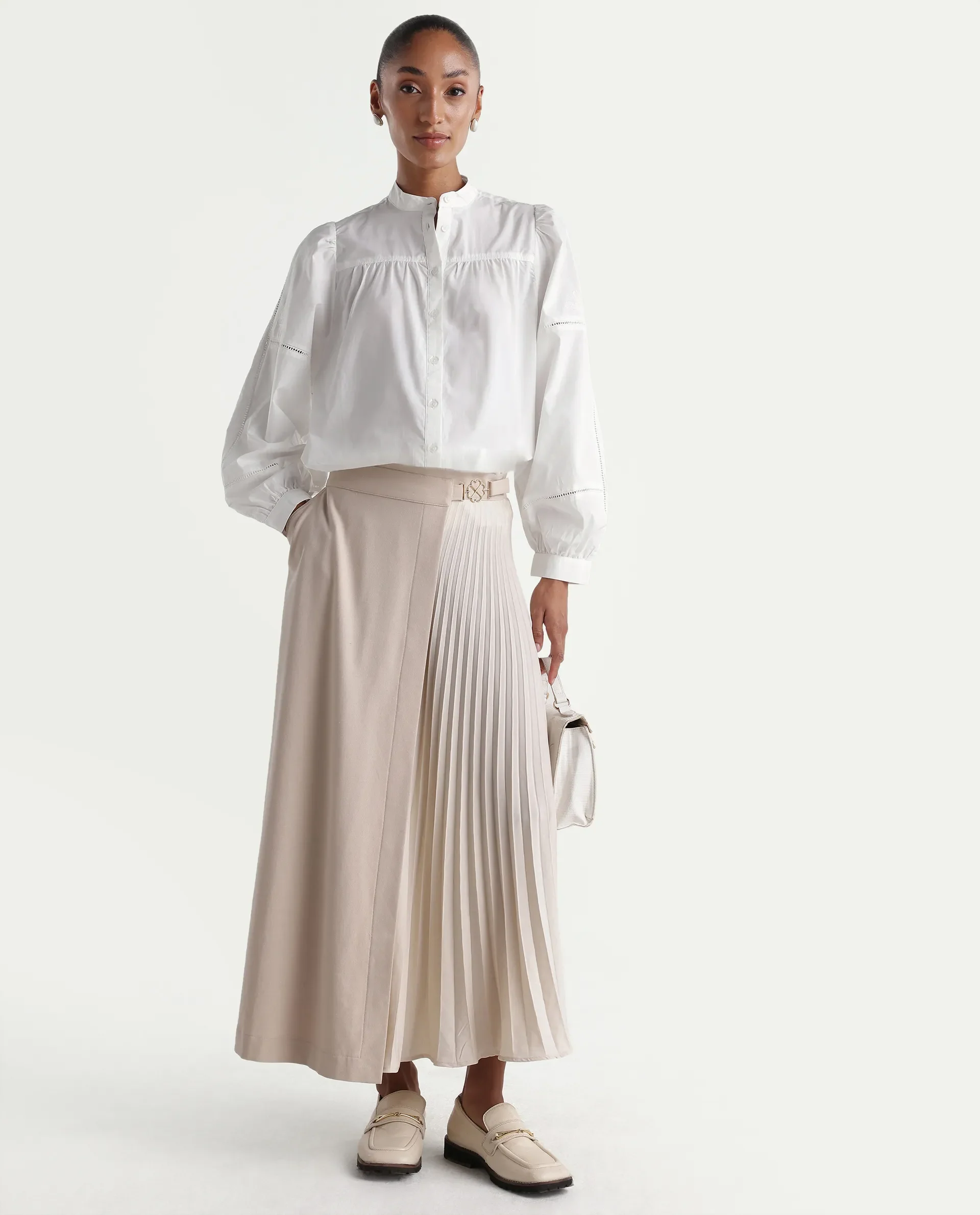Rareism Women's Miel Off White Cotton Full Sleeve Mandarin Collar Relaxed Embroidered Top - Image 2
