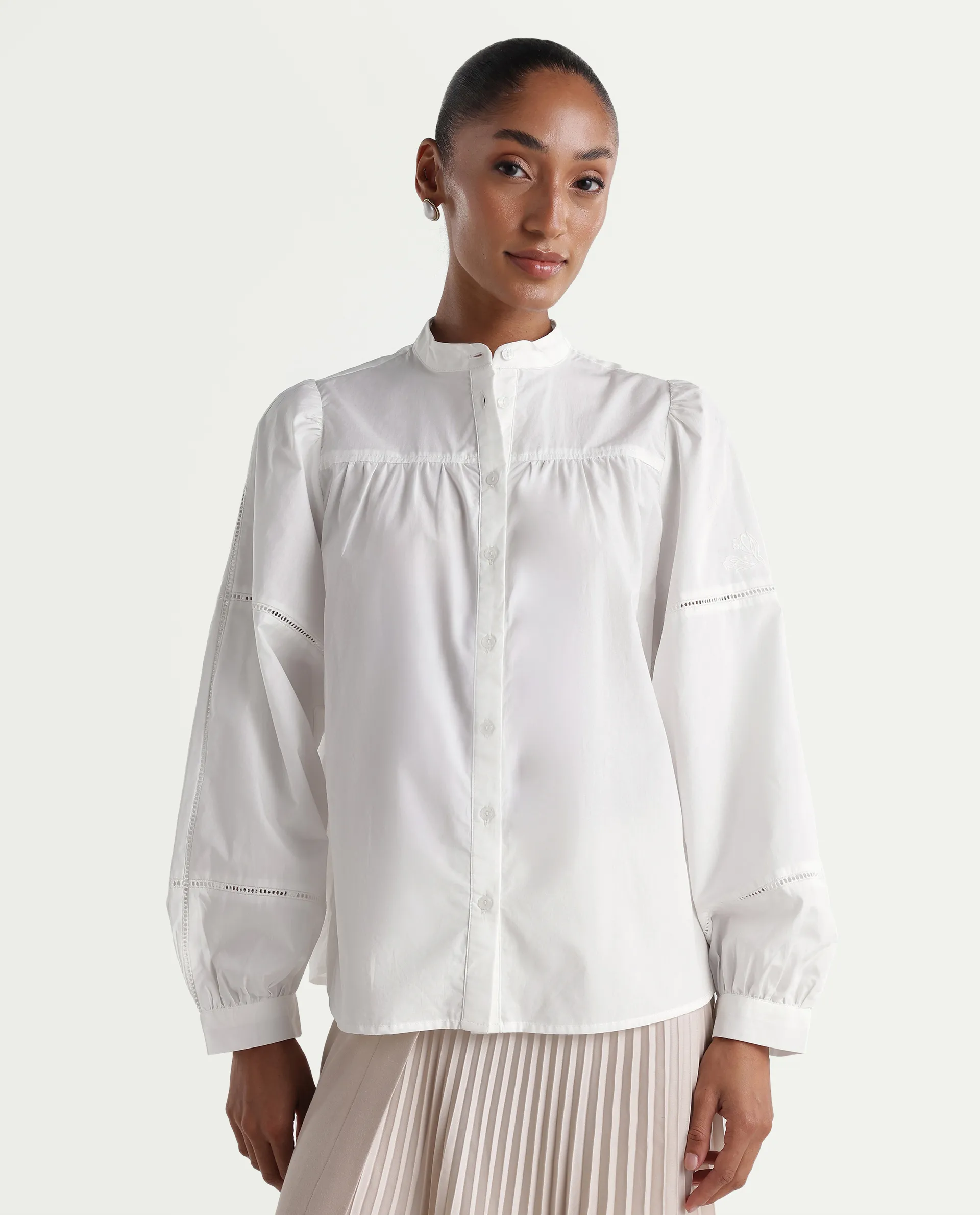 Rareism Women's Miel Off White Cotton Full Sleeve Mandarin Collar Relaxed Embroidered Top - Image 3