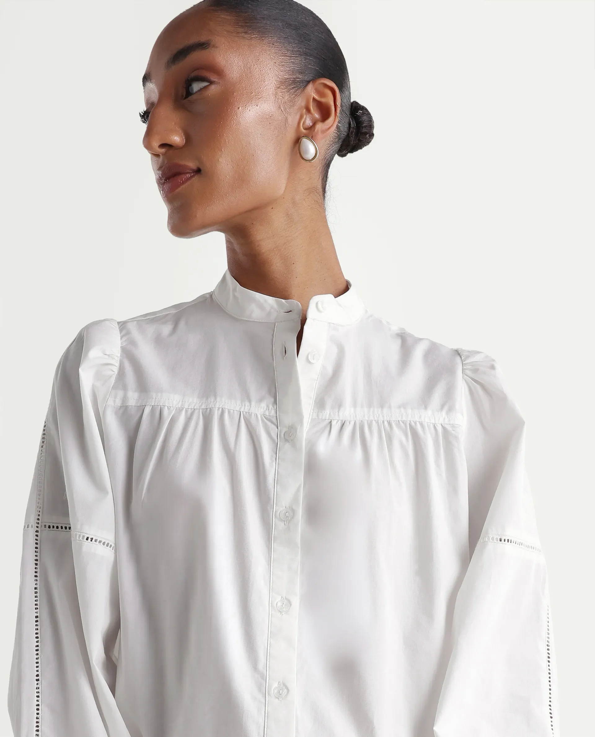 Rareism Women's Miel Off White Cotton Full Sleeve Mandarin Collar Relaxed Embroidered Top - Image 4