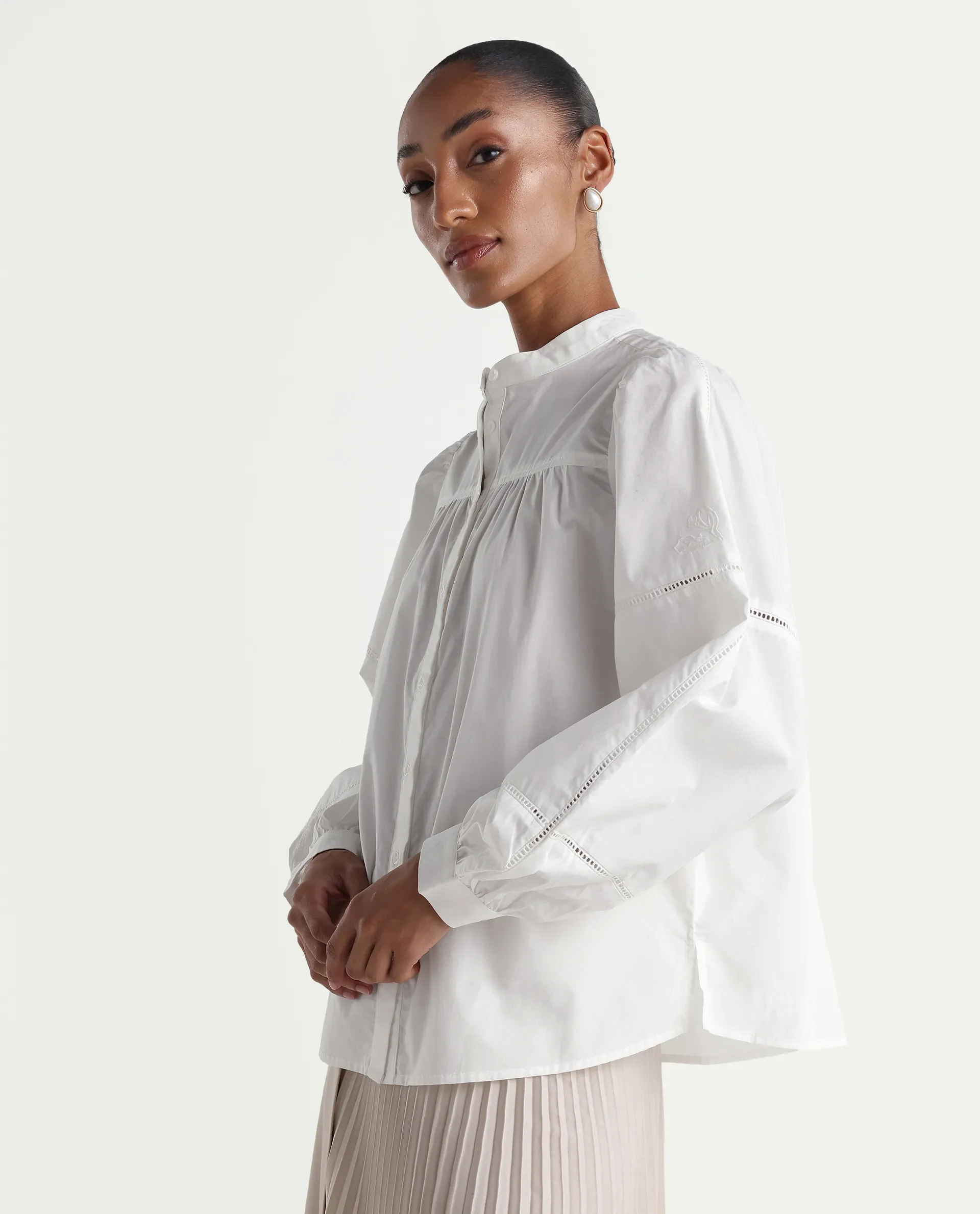 Rareism Women's Miel Off White Cotton Full Sleeve Mandarin Collar Relaxed Embroidered Top - Image 5