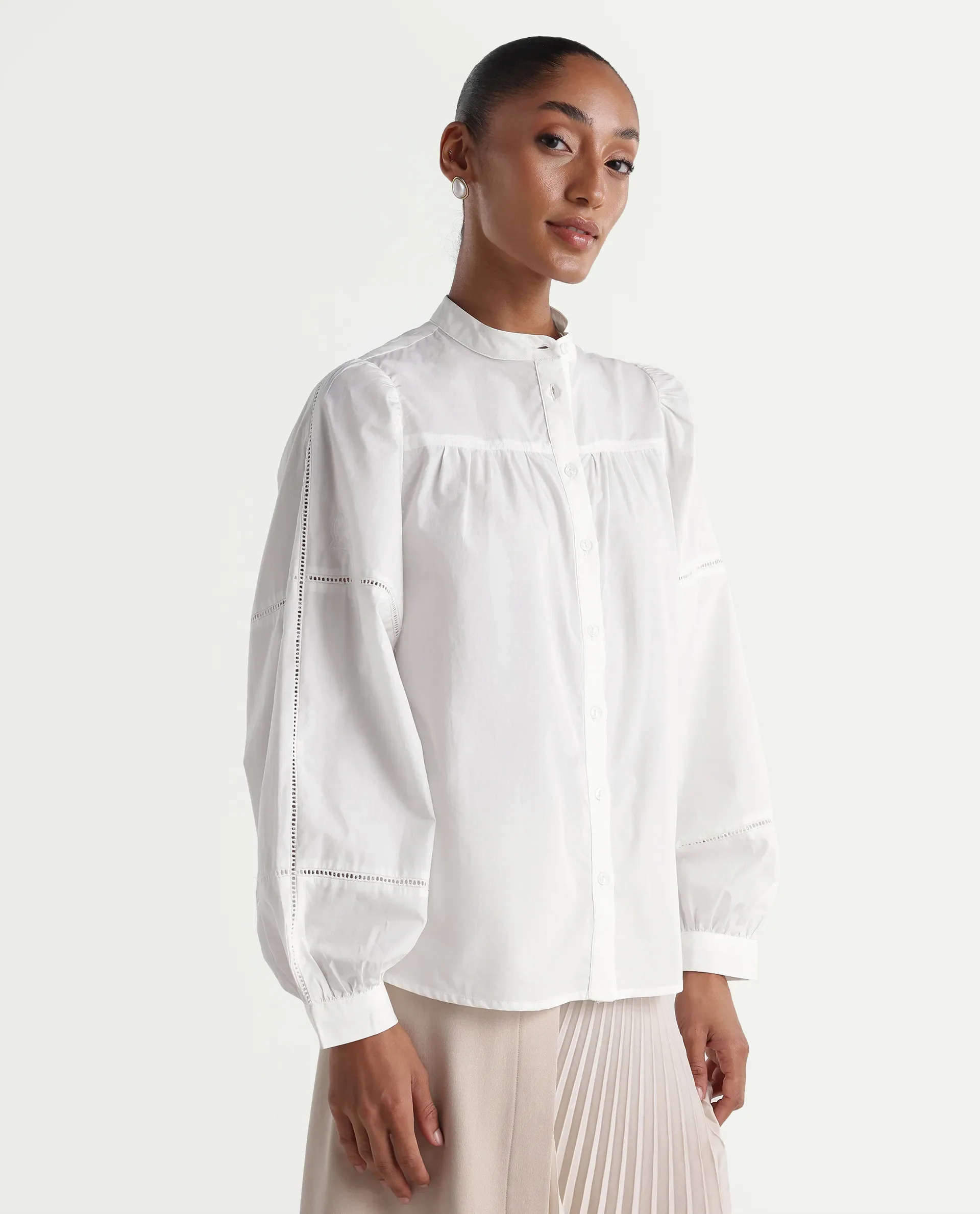 Rareism Women's Miel Off White Cotton Full Sleeve Mandarin Collar Relaxed Embroidered Top - Image 6