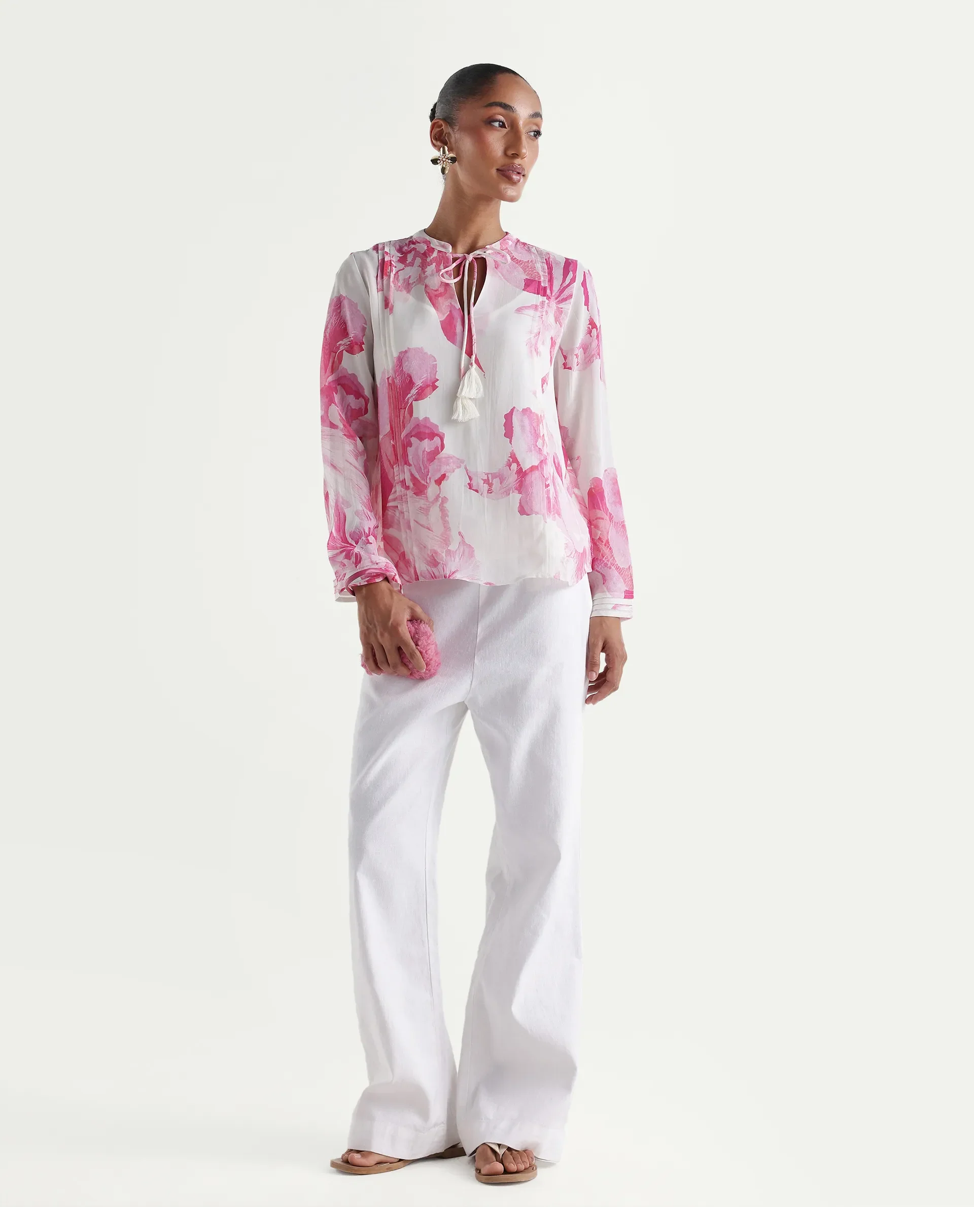 Rareism Women's Mijok Off White Viscose Full Sleeve Tie-Up Regular Floral Print Top - Image 2