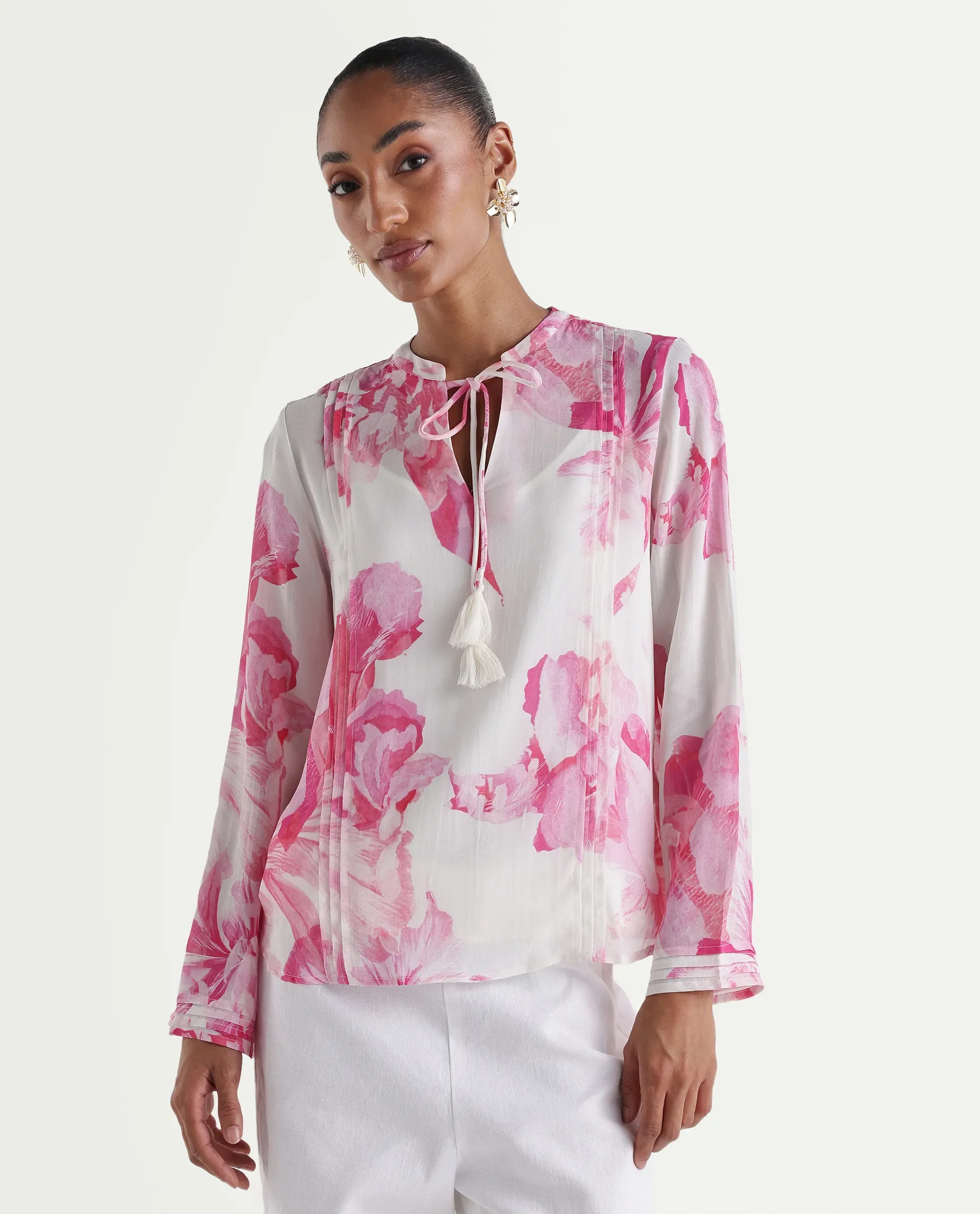 Rareism Women's Mijok Off White Viscose Full Sleeve Tie-Up Regular Floral Print Top - Image 4