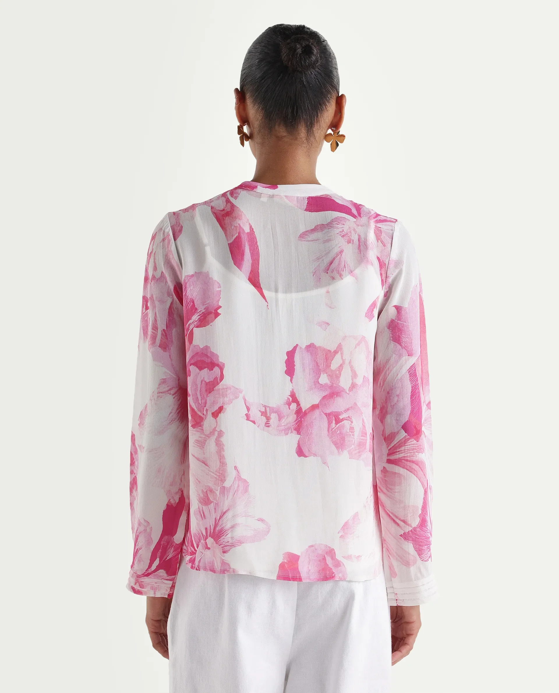 Rareism Women's Mijok Off White Viscose Full Sleeve Tie-Up Regular Floral Print Top - Image 7