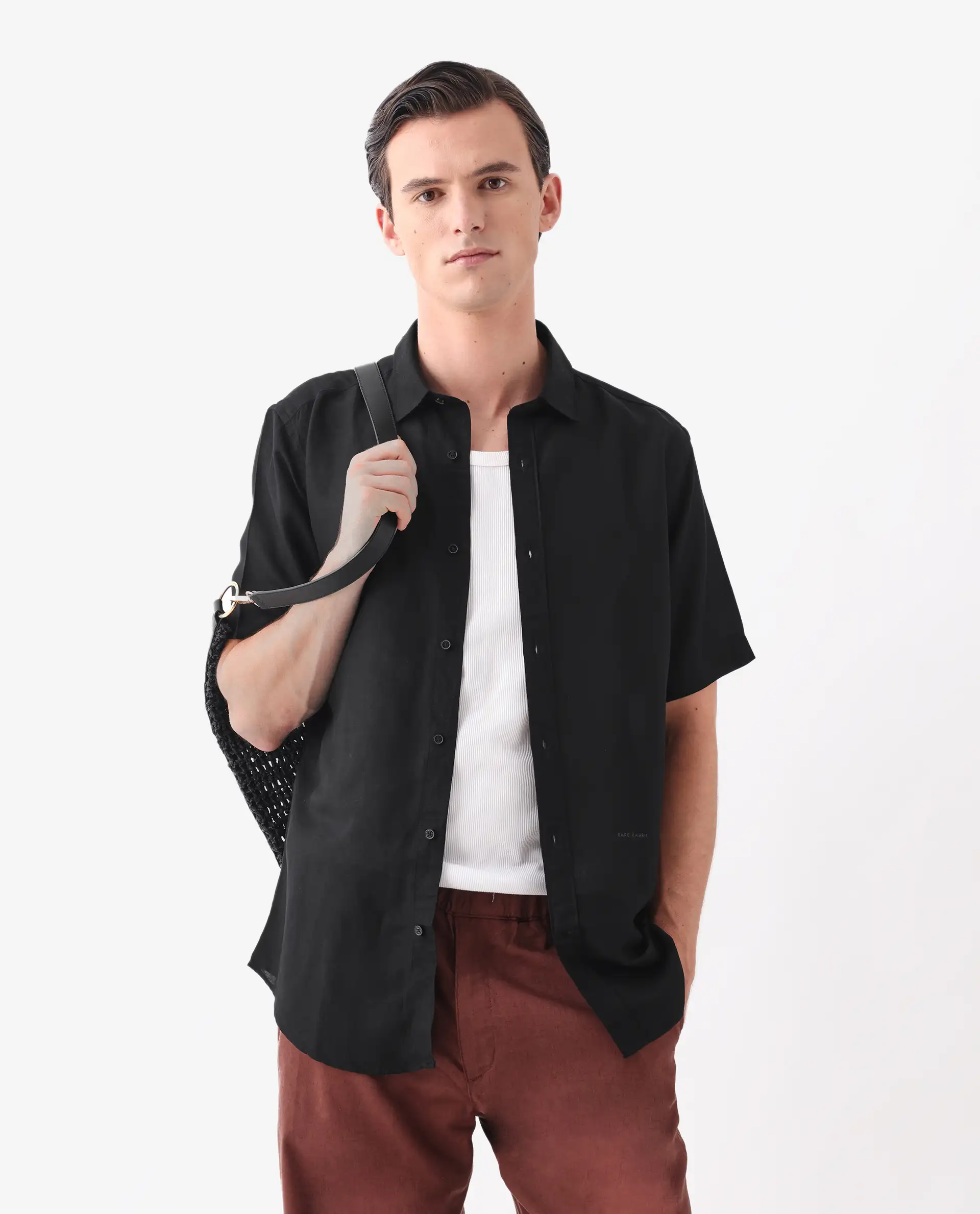 Rare Rabbit Men's Mik Black Linen Blend Regular Fit Half Sleeve Spread Collar Shirt