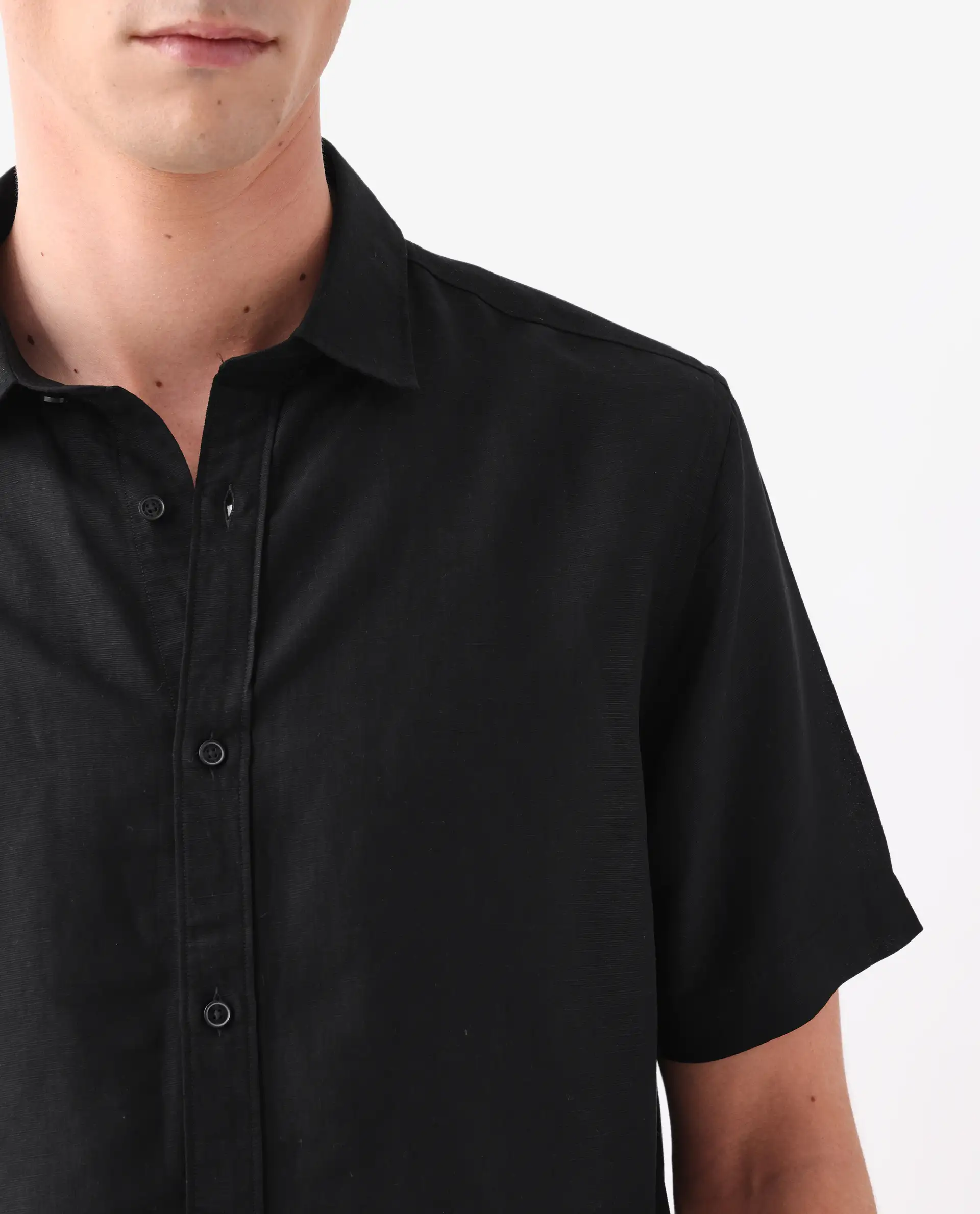 Rare Rabbit Men's Mik Black Linen Blend Regular Fit Half Sleeve Spread Collar Shirt - Image 3