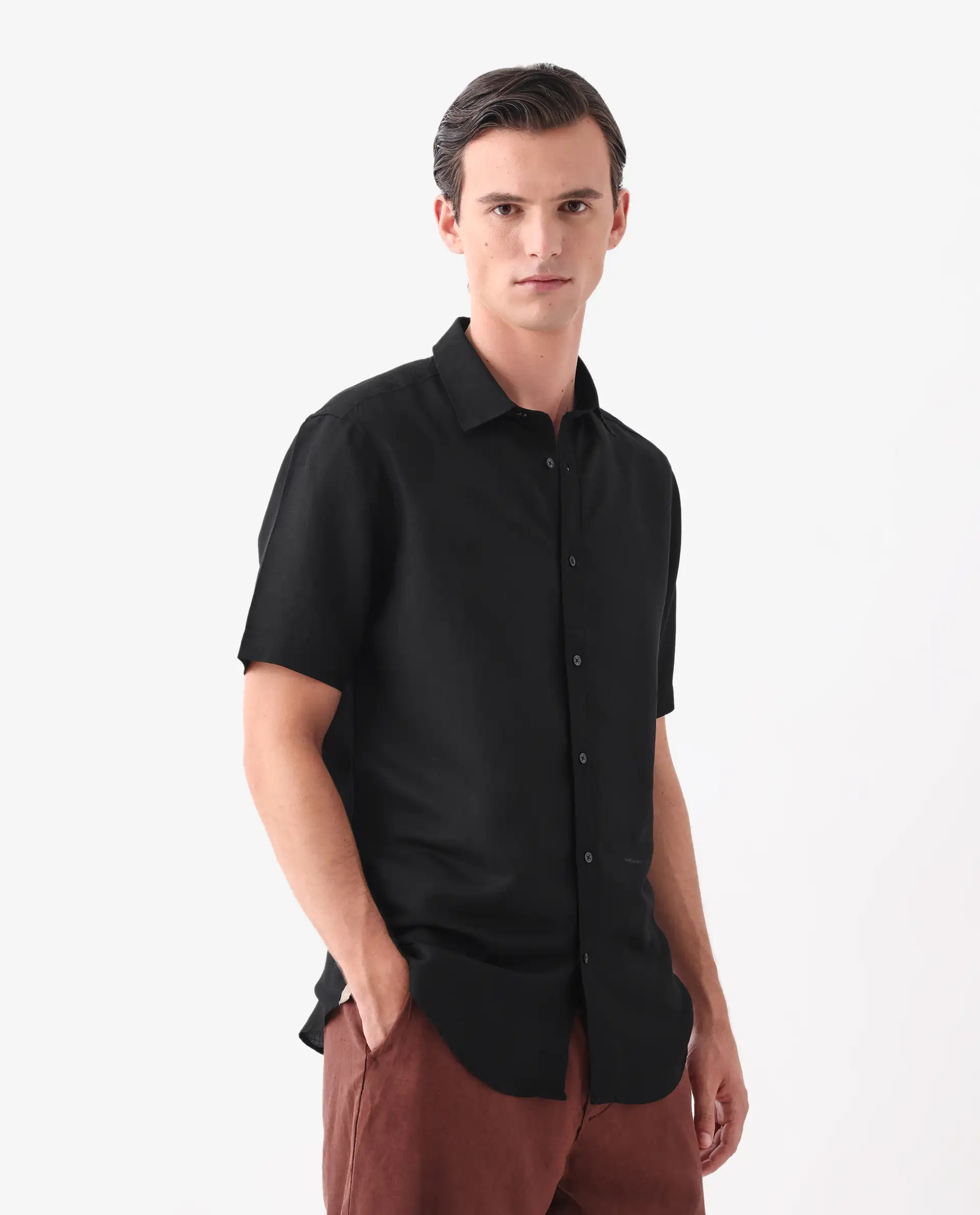 Rare Rabbit Men's Mik Black Linen Blend Regular Fit Half Sleeve Spread Collar Shirt - Image 5