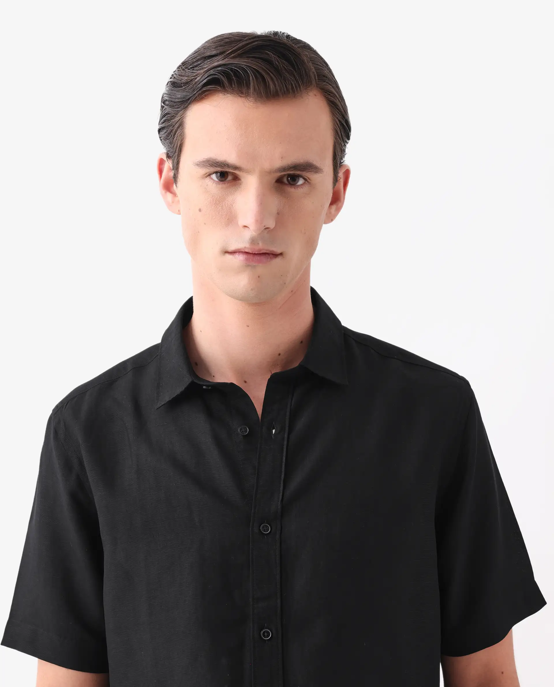 Rare Rabbit Men's Mik Black Linen Blend Regular Fit Half Sleeve Spread Collar Shirt - Image 6
