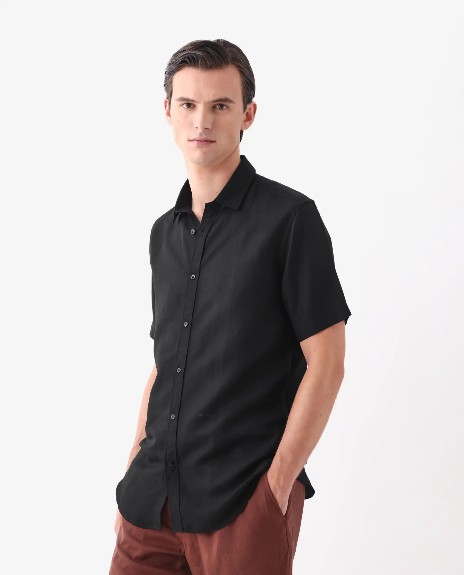 Rare Rabbit Men's Mik Black Linen Blend Regular Fit Half Sleeve Spread Collar Shirt - Image 7