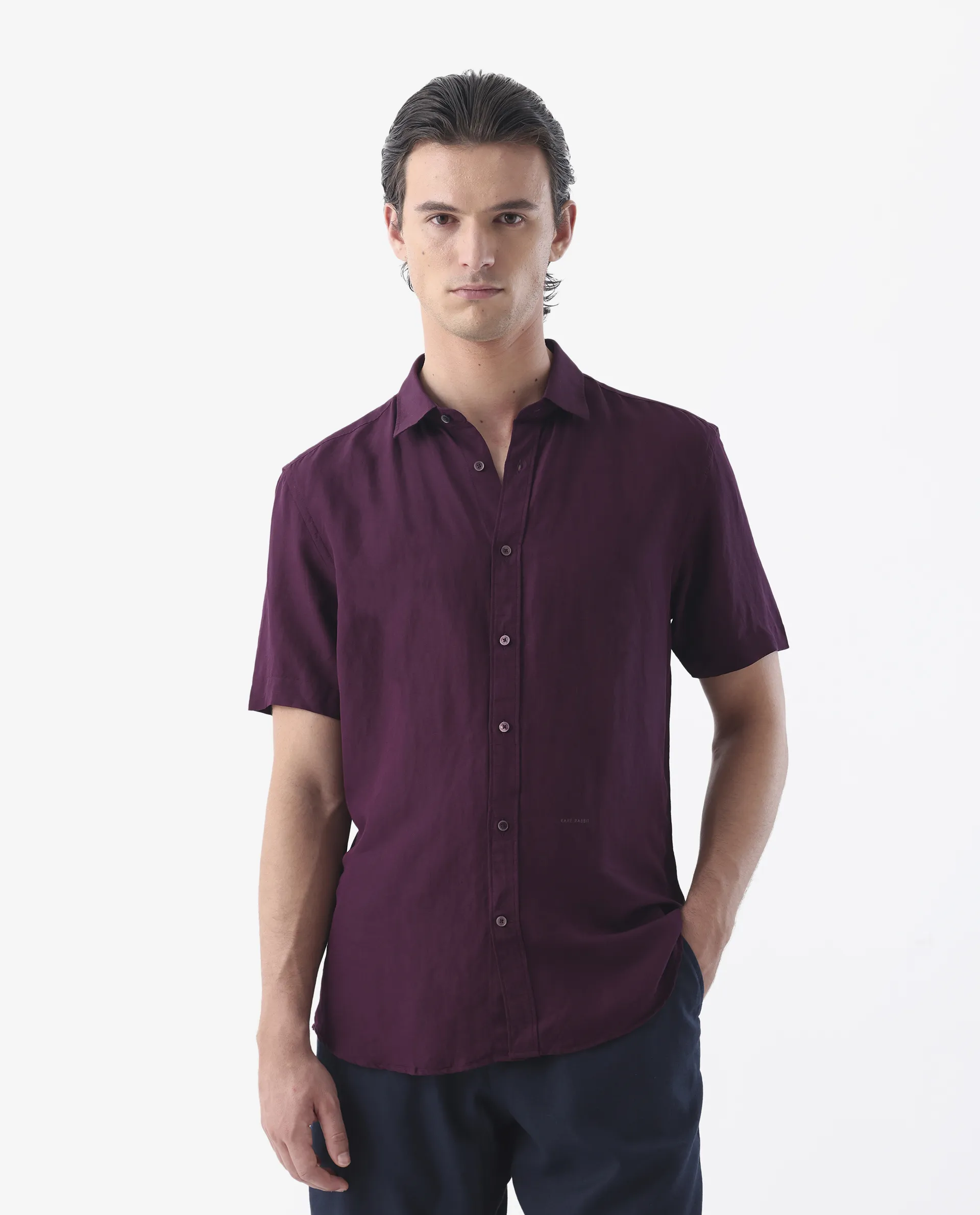 Rare Rabbit Men's Mik Dark Maroon Linen Blend Plain Regular Fit Half Sleeve Collared Shirt