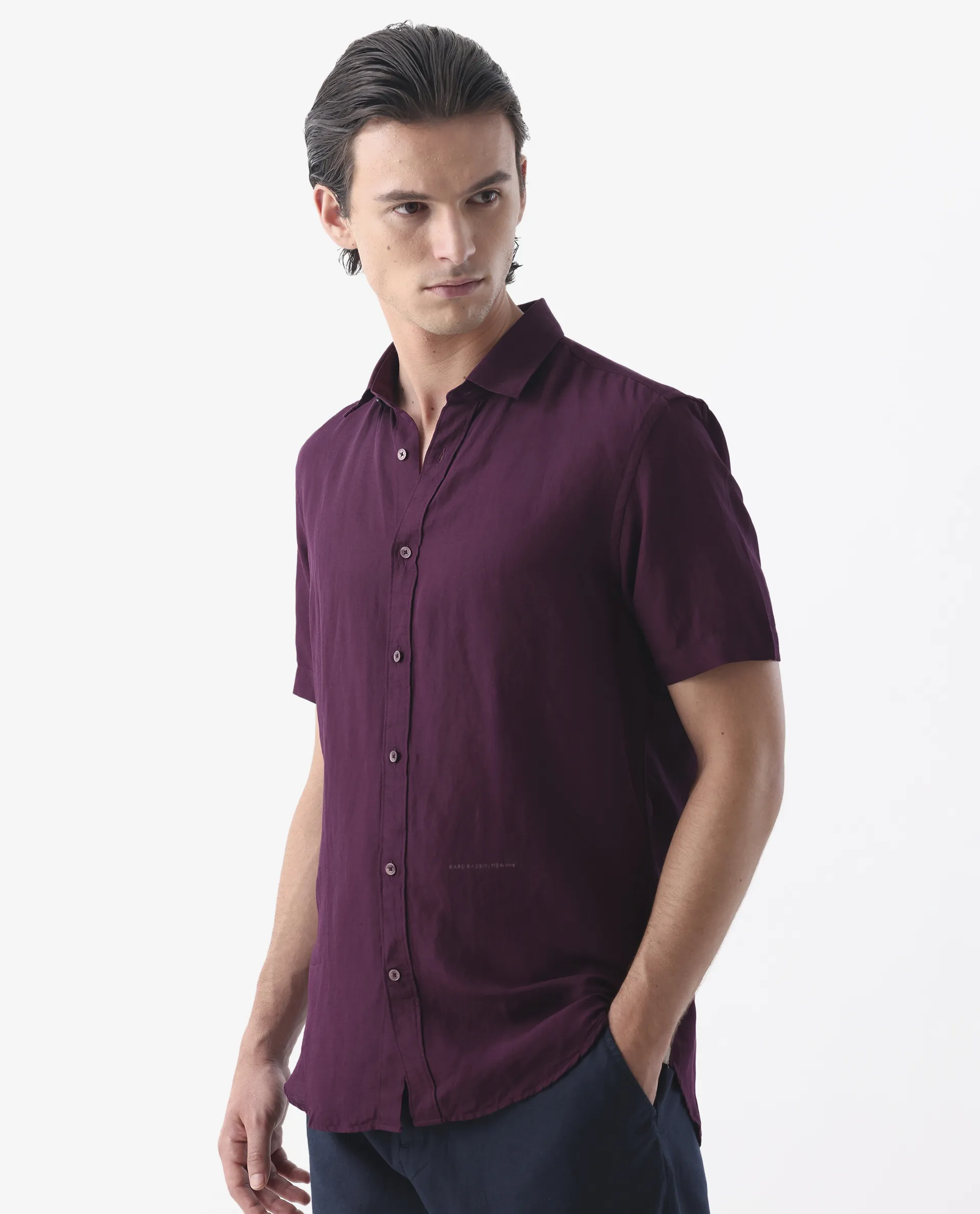 Rare Rabbit Men's Mik Dark Maroon Linen Blend Plain Regular Fit Half Sleeve Collared Shirt - Image 2