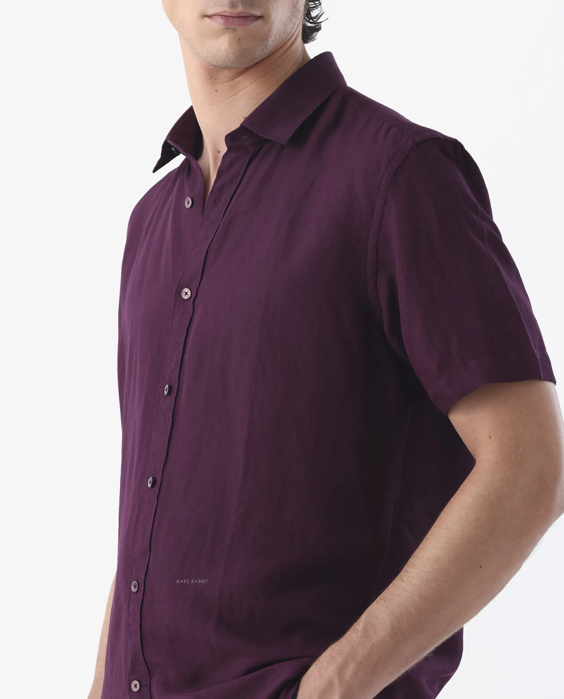 Rare Rabbit Men's Mik Dark Maroon Linen Blend Plain Regular Fit Half Sleeve Collared Shirt - Image 3
