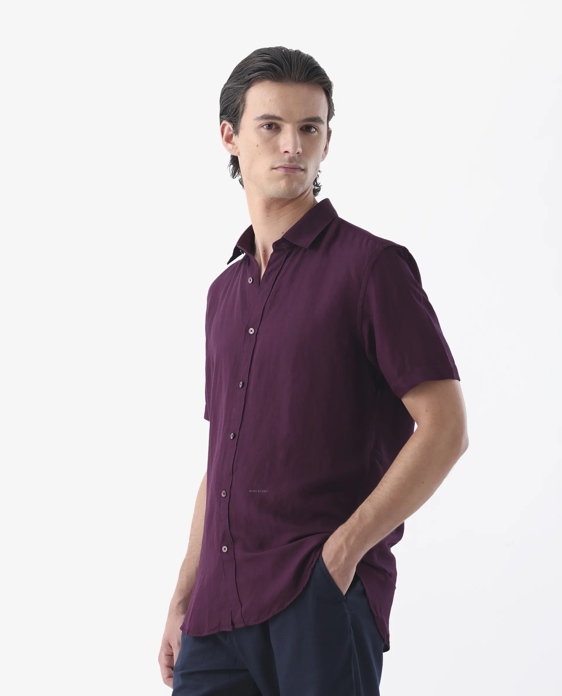 Rare Rabbit Men's Mik Dark Maroon Linen Blend Plain Regular Fit Half Sleeve Collared Shirt - Image 5