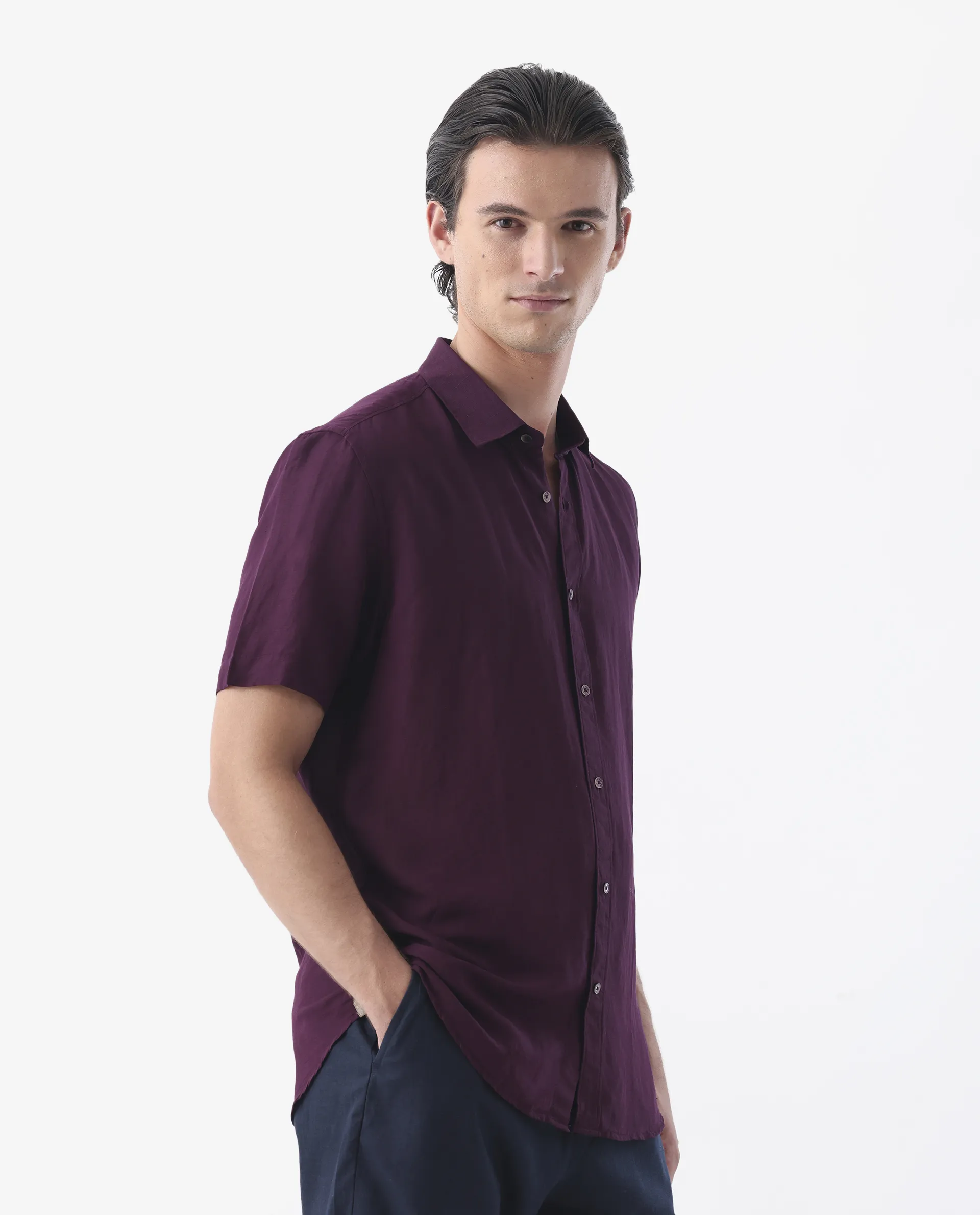 Rare Rabbit Men's Mik Dark Maroon Linen Blend Plain Regular Fit Half Sleeve Collared Shirt - Image 6