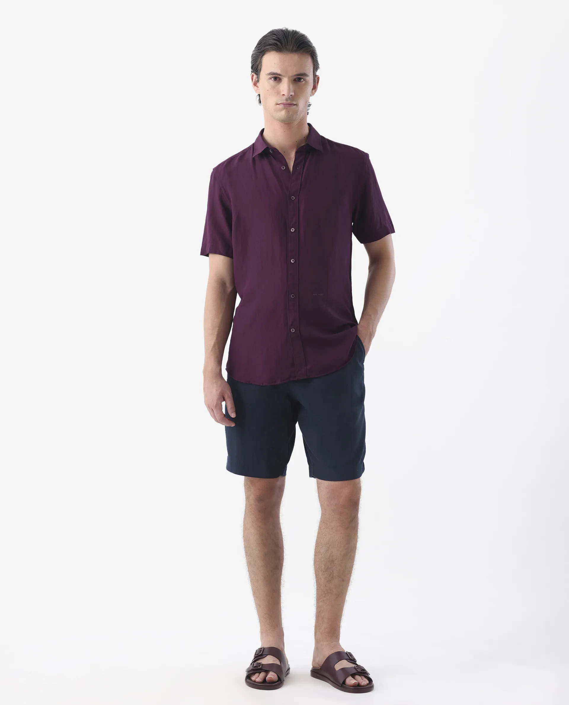 Rare Rabbit Men's Mik Dark Maroon Linen Blend Plain Regular Fit Half Sleeve Collared Shirt - Image 7