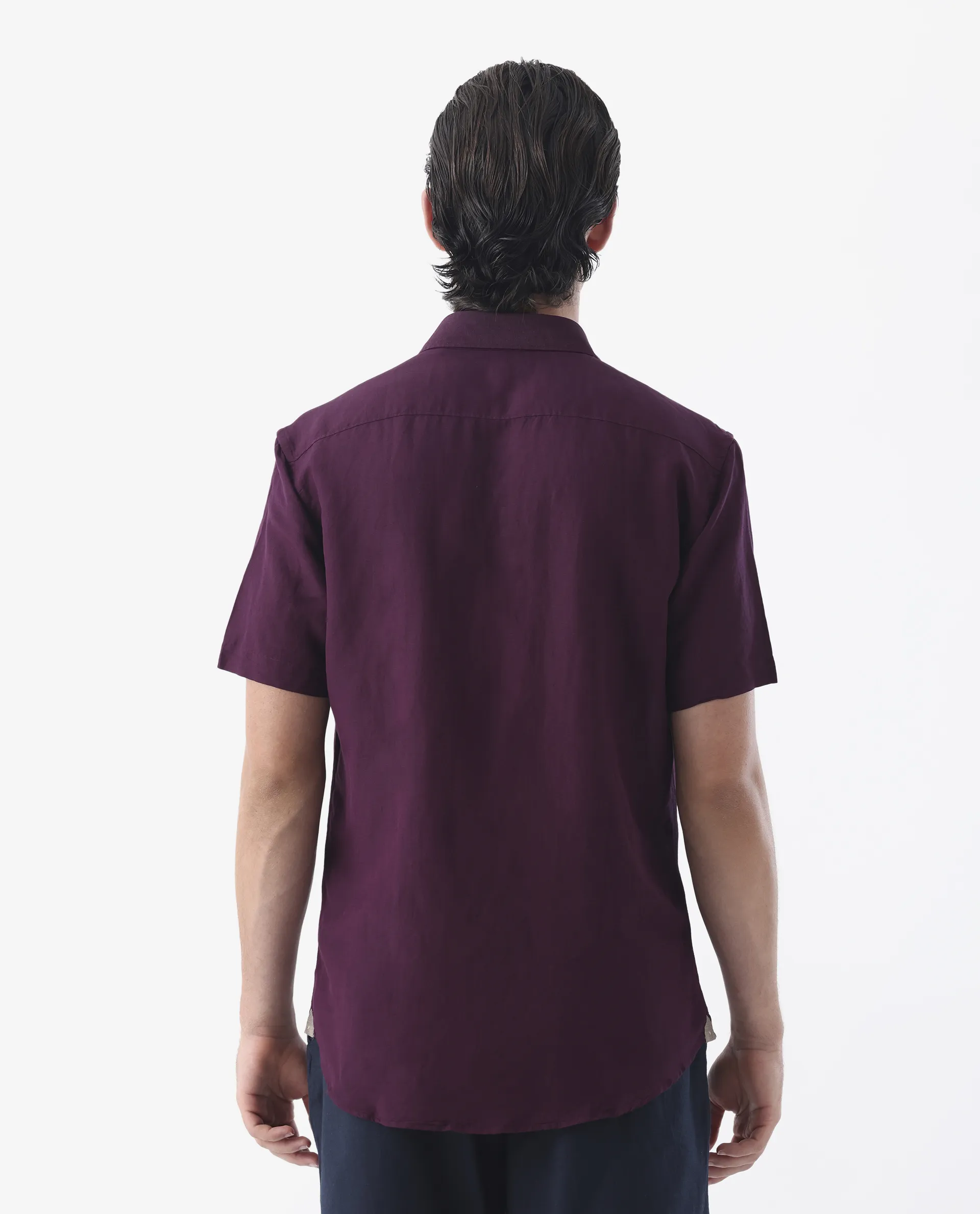Rare Rabbit Men's Mik Dark Maroon Linen Blend Plain Regular Fit Half Sleeve Collared Shirt - Image 8
