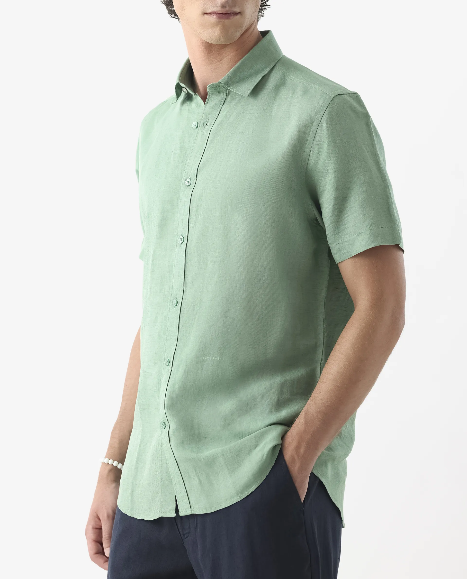 Rare Rabbit Men's Mik Light Green Linen Blend Plain Regular Fit Half Sleeve Collared Shirt - Image 2