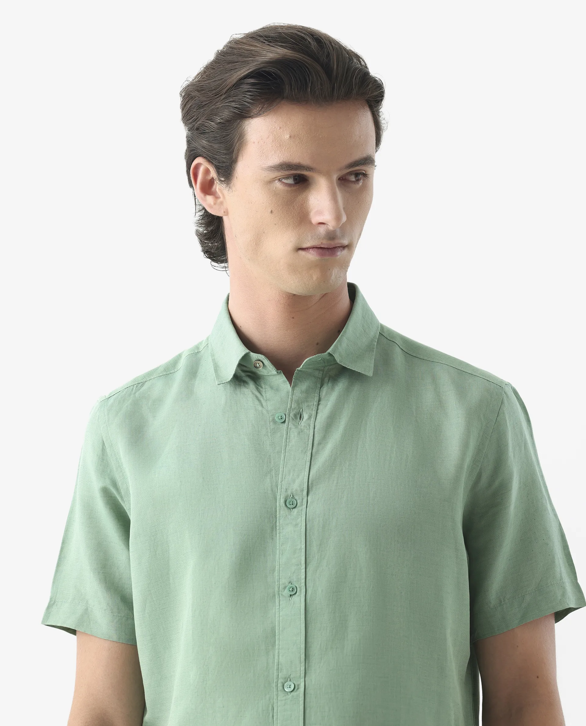 Rare Rabbit Men's Mik Light Green Linen Blend Plain Regular Fit Half Sleeve Collared Shirt - Image 3