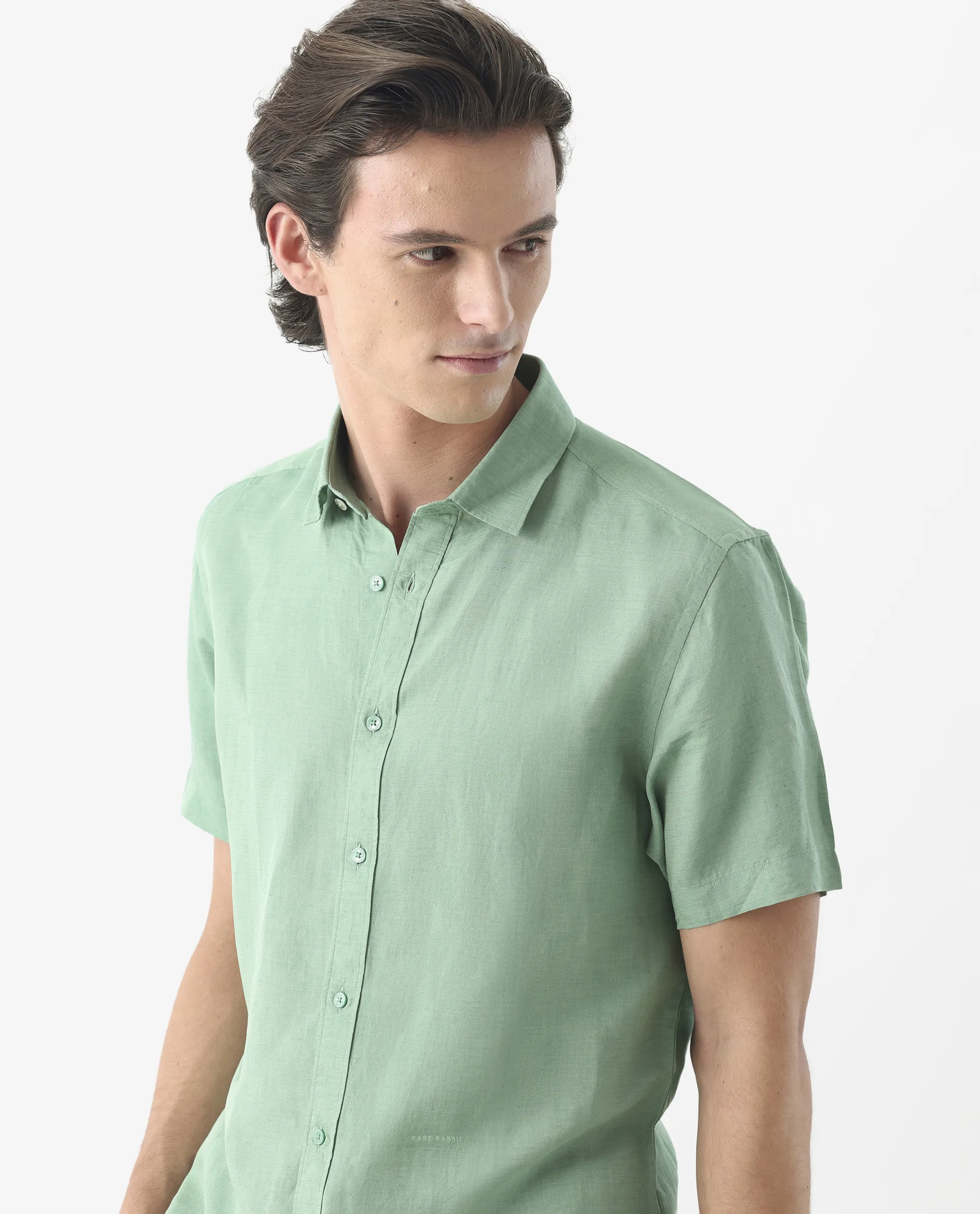 Rare Rabbit Men's Mik Light Green Linen Blend Plain Regular Fit Half Sleeve Collared Shirt - Image 4