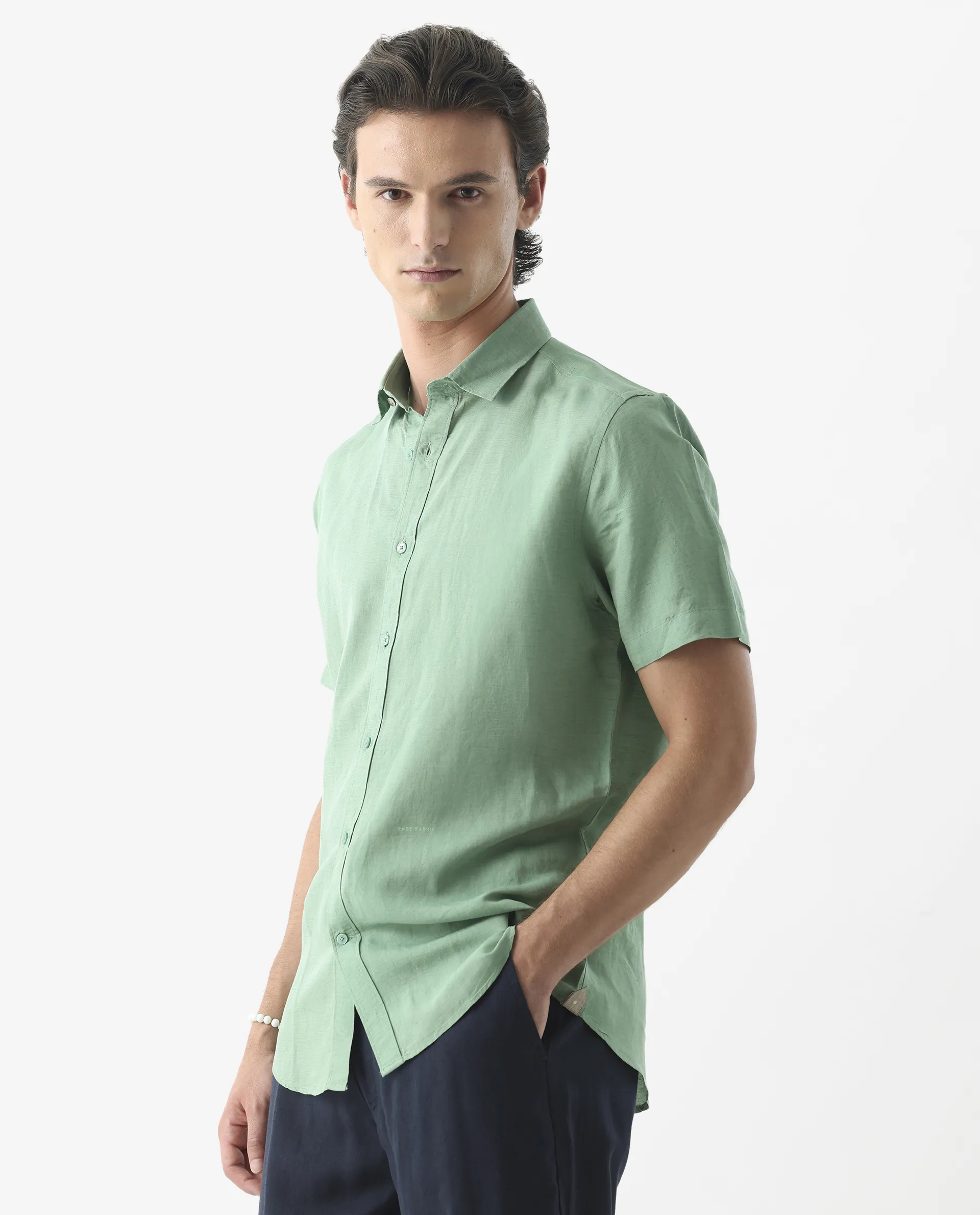 Rare Rabbit Men's Mik Light Green Linen Blend Plain Regular Fit Half Sleeve Collared Shirt - Image 5