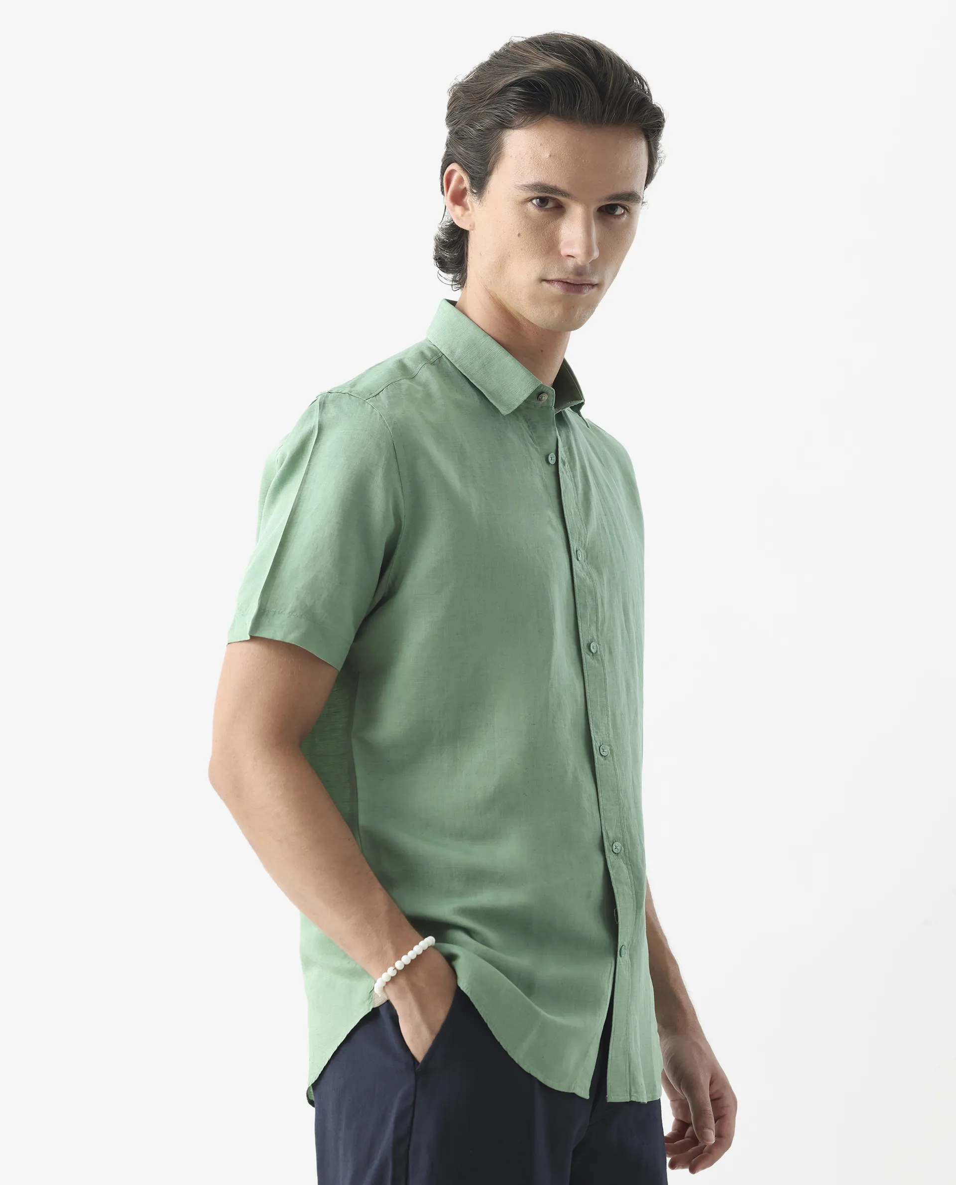 Rare Rabbit Men's Mik Light Green Linen Blend Plain Regular Fit Half Sleeve Collared Shirt - Image 6