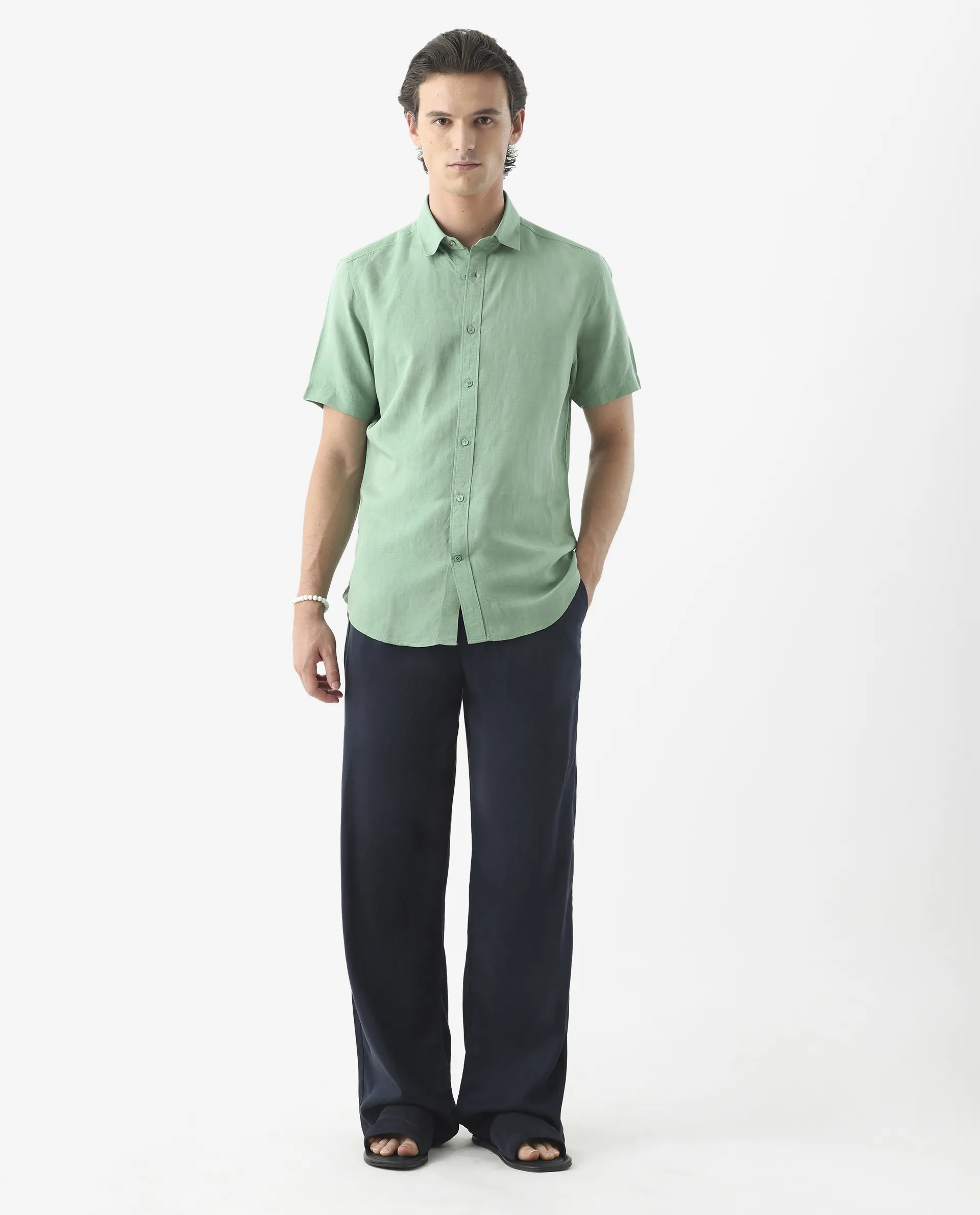 Rare Rabbit Men's Mik Light Green Linen Blend Plain Regular Fit Half Sleeve Collared Shirt - Image 7