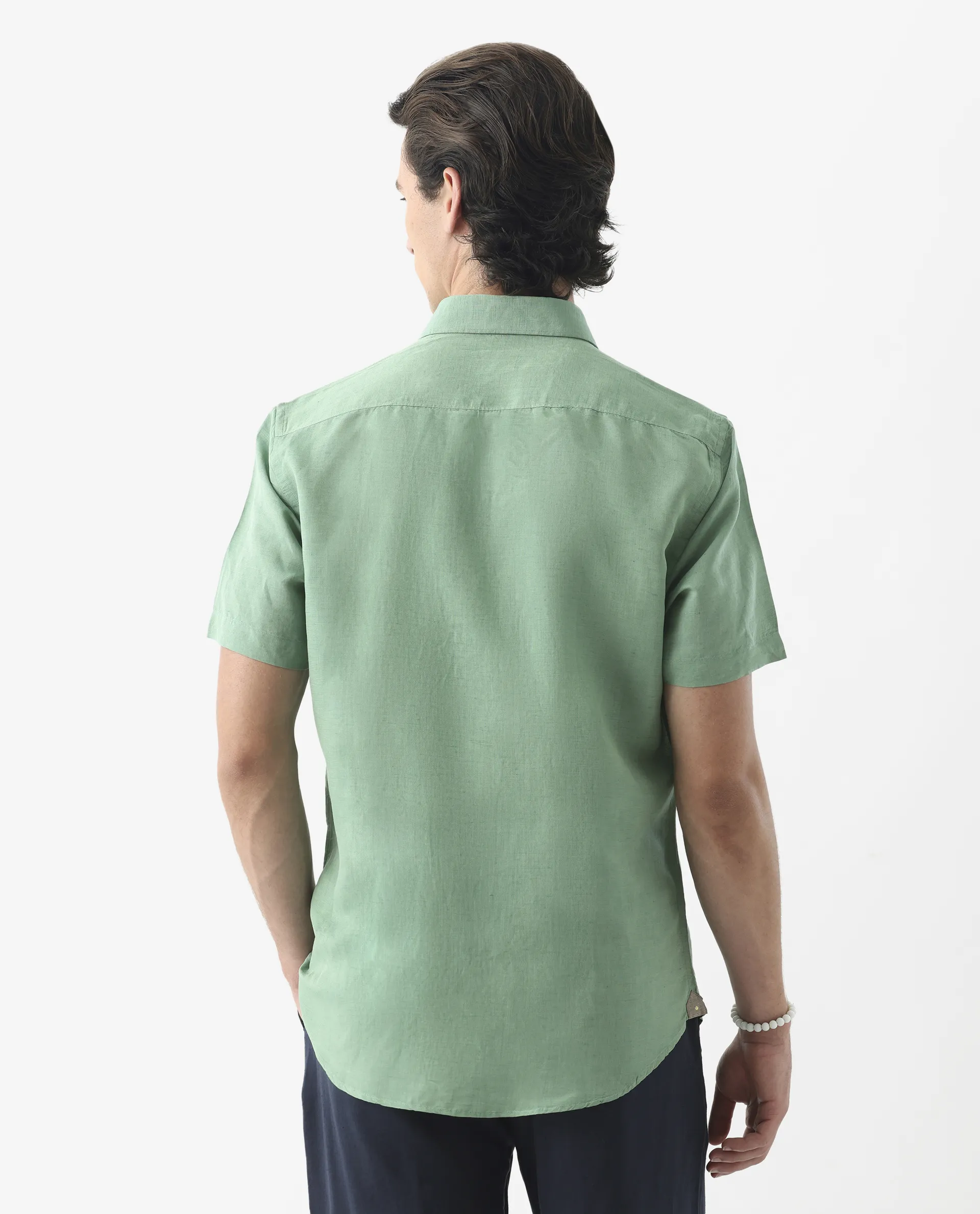 Rare Rabbit Men's Mik Light Green Linen Blend Plain Regular Fit Half Sleeve Collared Shirt - Image 8