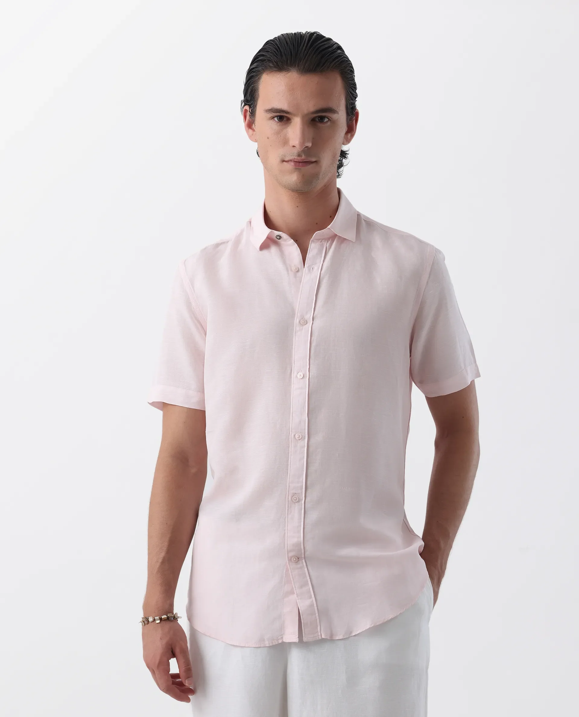 Rare Rabbit Men's Mik Light Pink Linen Blend Plain Regular Fit Half Sleeve Collared Shirt - Image 2