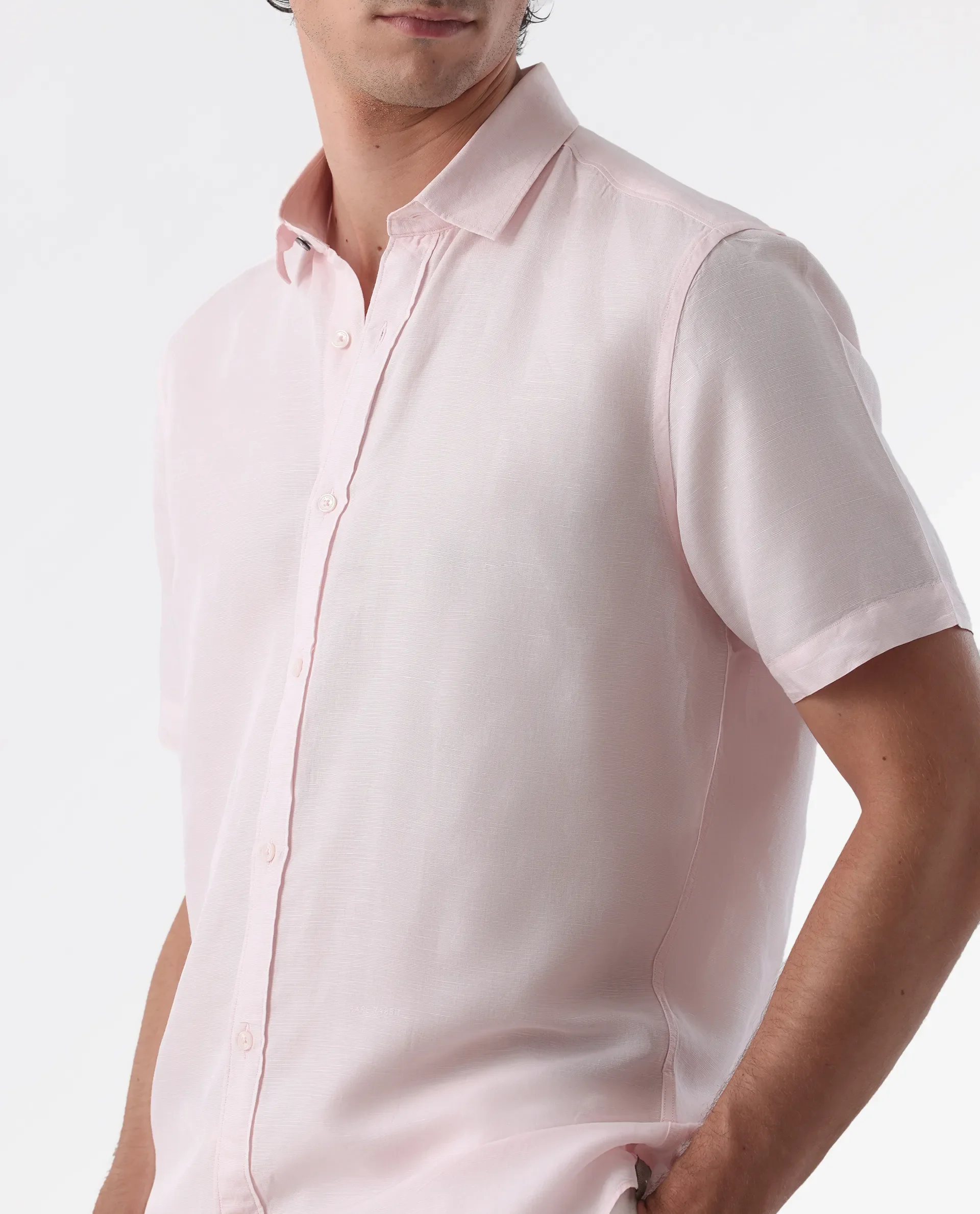 Rare Rabbit Men's Mik Light Pink Linen Blend Plain Regular Fit Half Sleeve Collared Shirt - Image 4