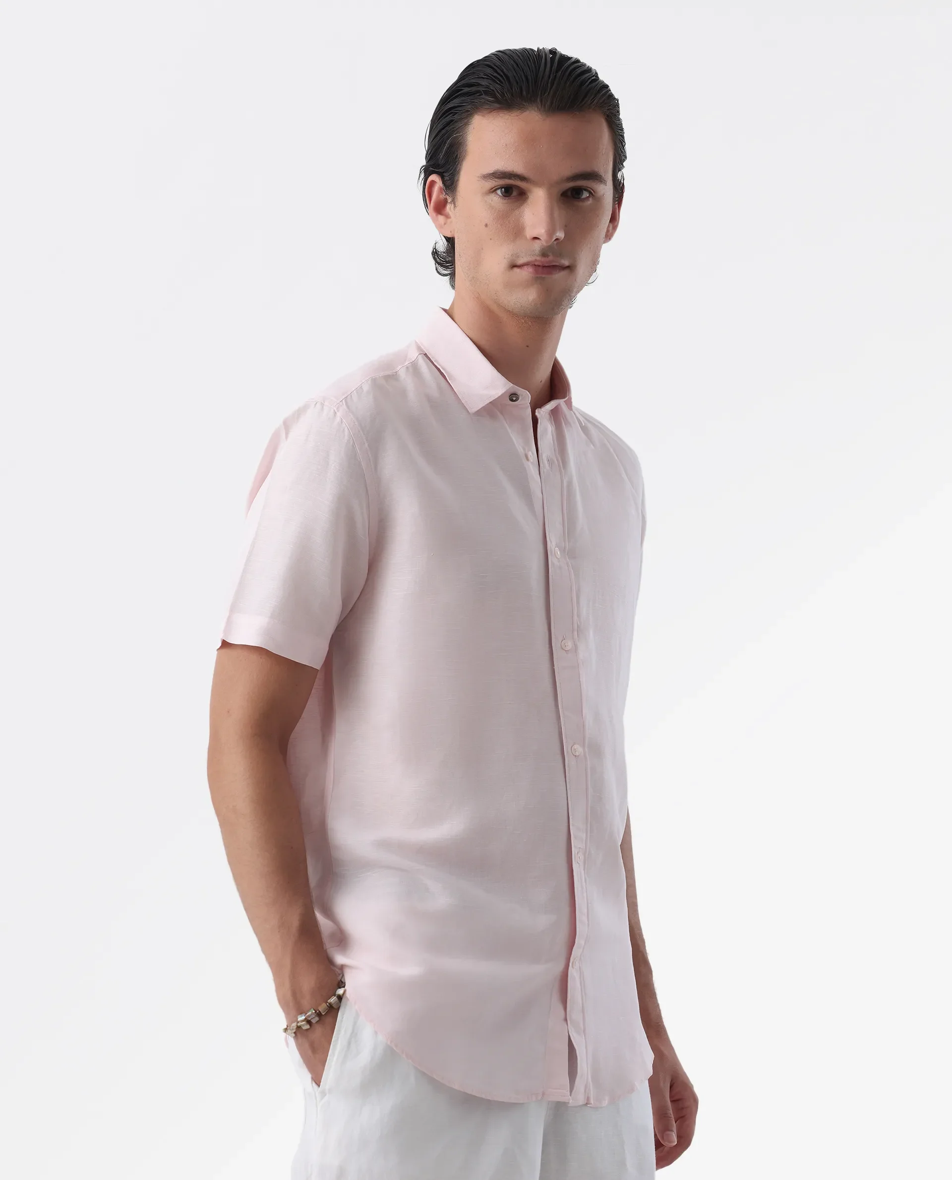 Rare Rabbit Men's Mik Light Pink Linen Blend Plain Regular Fit Half Sleeve Collared Shirt - Image 5