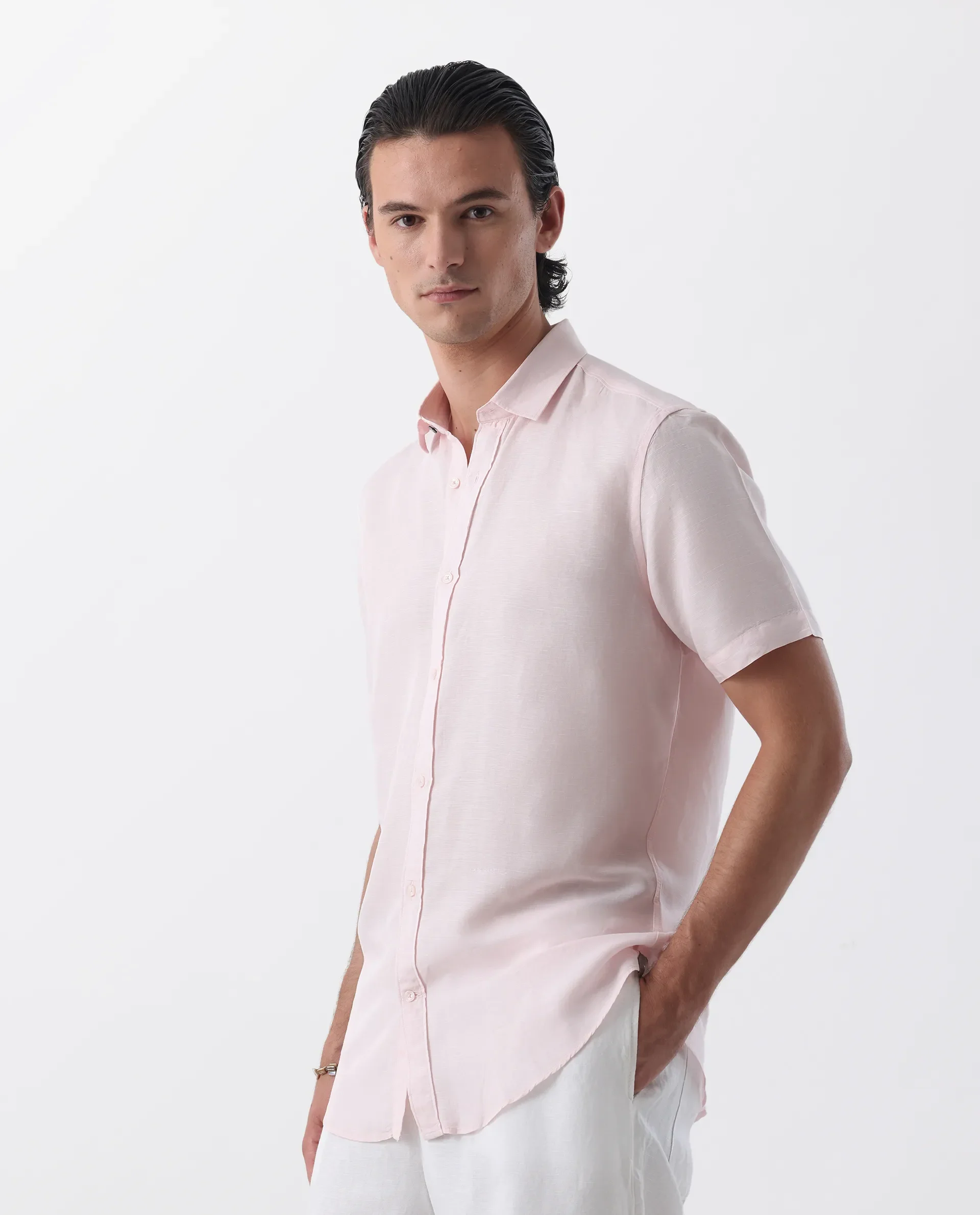 Rare Rabbit Men's Mik Light Pink Linen Blend Plain Regular Fit Half Sleeve Collared Shirt - Image 6