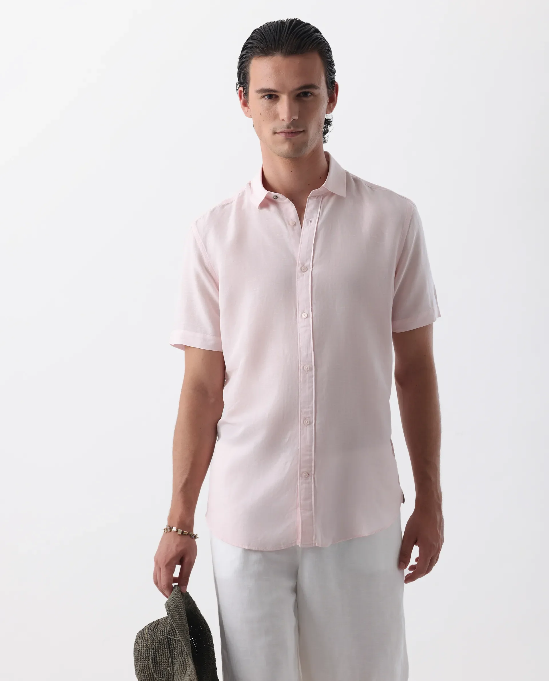 Rare Rabbit Men's Mik Light Pink Linen Blend Plain Regular Fit Half Sleeve Collared Shirt - Image 7