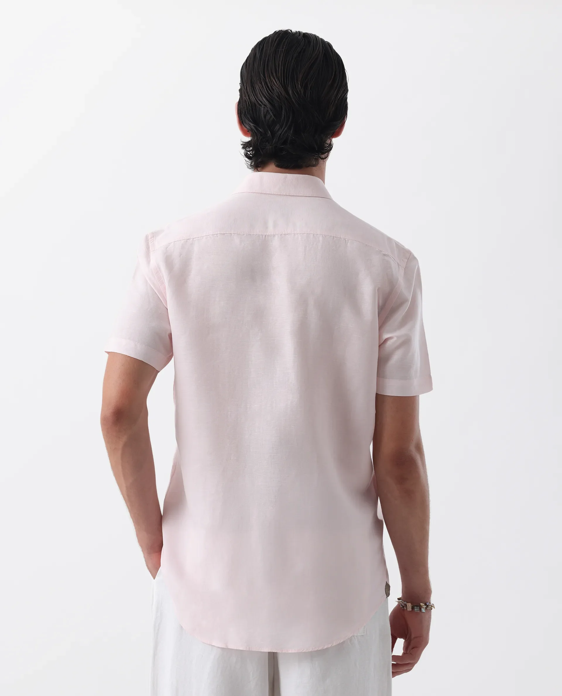 Rare Rabbit Men's Mik Light Pink Linen Blend Plain Regular Fit Half Sleeve Collared Shirt - Image 8