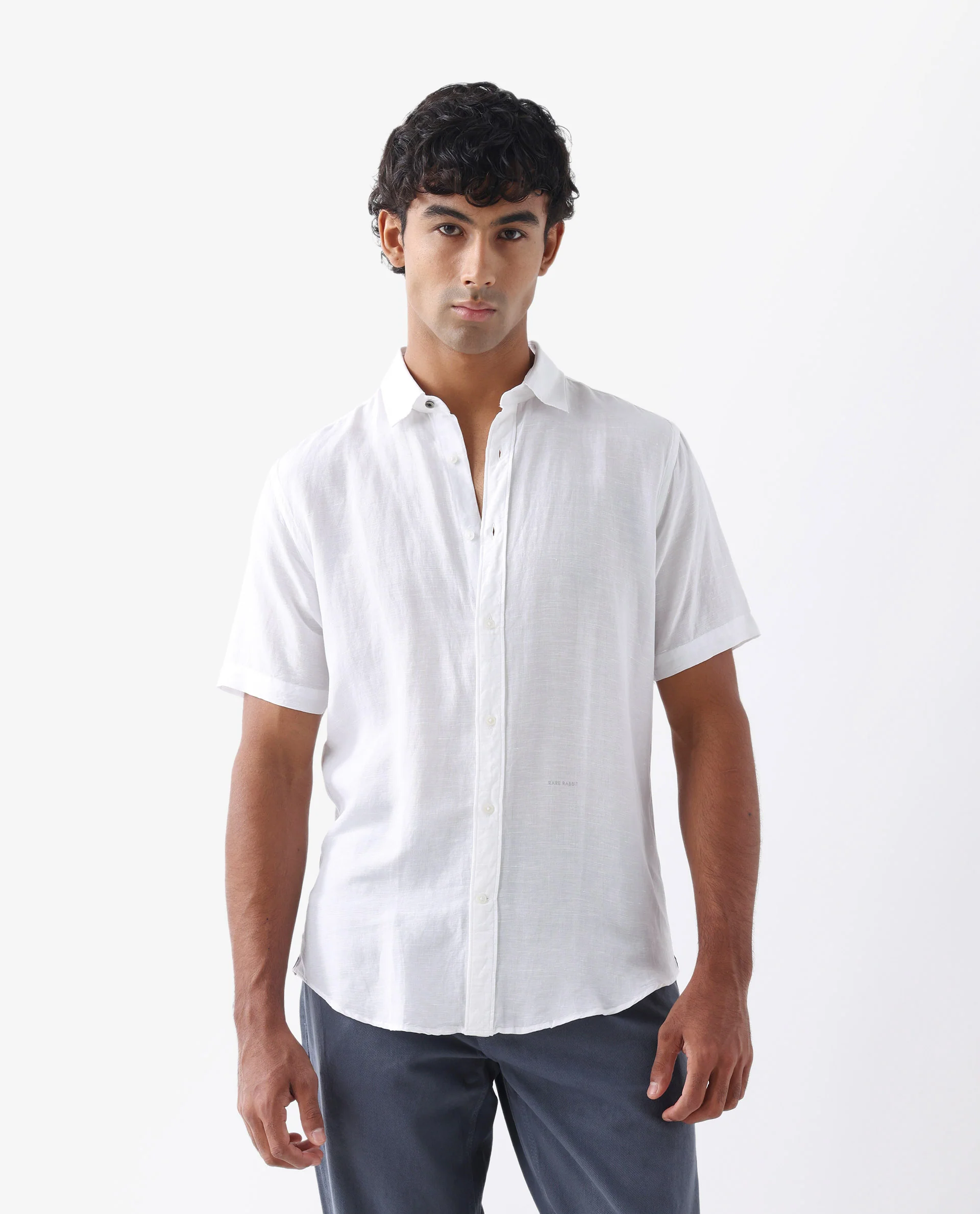 Rare Rabbit Men's Mik White Linen Blend Plain Regular Fit Half Sleeve Collared Shirt - Image 4